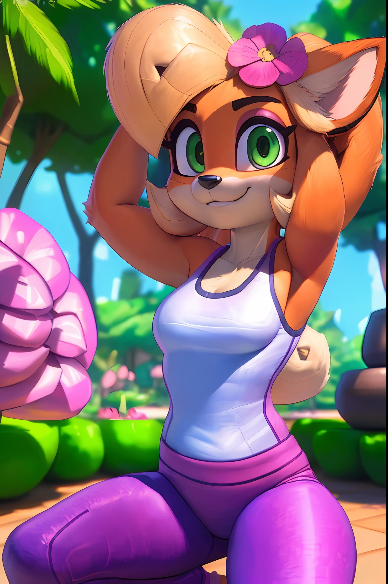 [Coco bandicoot], [Uploaded to e621.net; (Pixelsketcher), (wamudraws)], ((masterpiece)), ((solo portrait)), ((furry; anthro)), ((detailed fur)), ((raytracing)), ((detailed shading)), ((beautiful 3D art)), {anthro; (orange fur, black nose, pointed ears), cute green eyes, happy smirk, (white tank top, small boobs, pink yoga pants), (pink flower in hair)}, (yoga; attractive pose), [background; park; (trees, fountain, sun rays through leaves)]