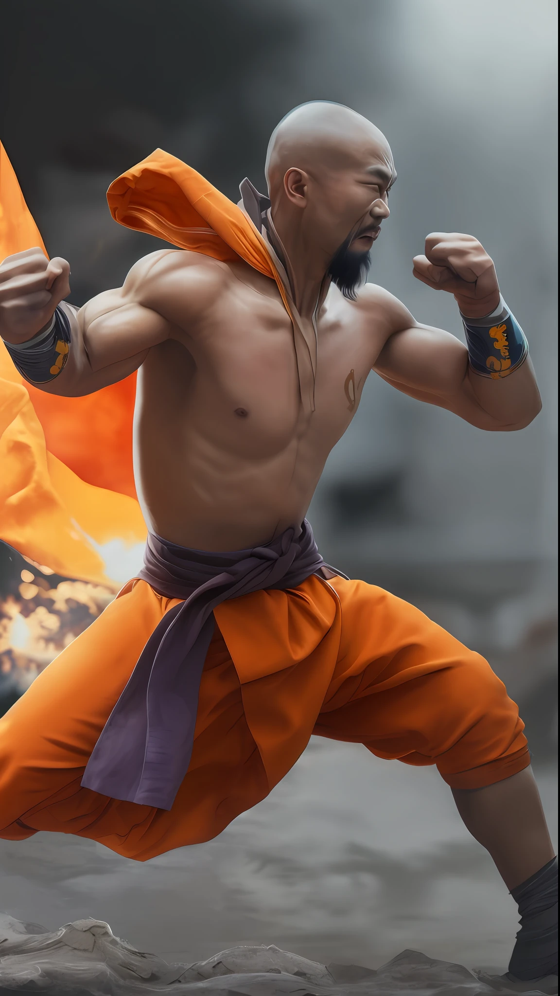 . Shaolin monk hyper - detailed, make a super power fist and destroys the world, cinematic 8k