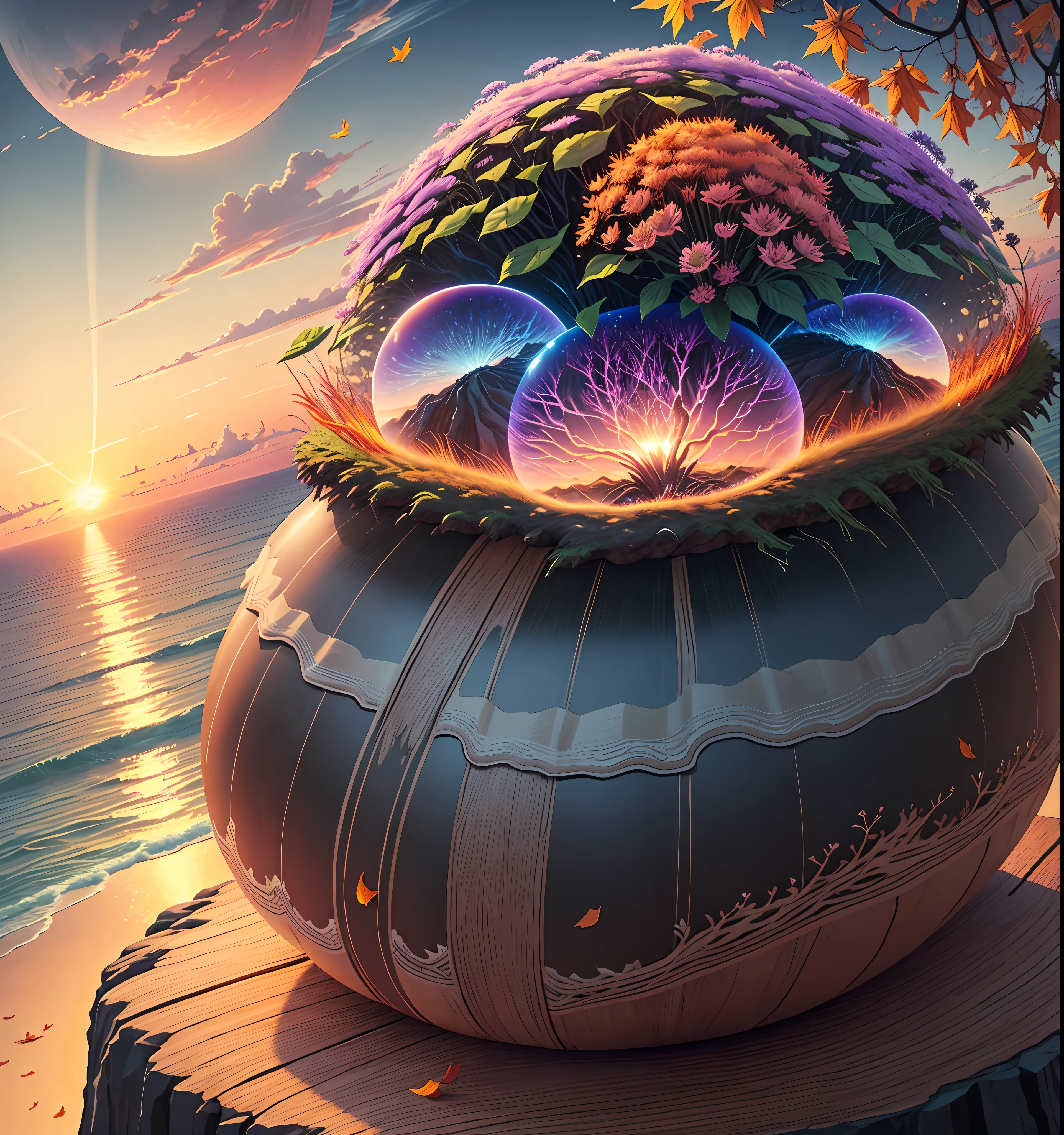 nature, detailed lighting, sea of flowers, sky, sunset, breeze, leaf fall, cliff, realistic anthill, hemispherical looking down from the sky