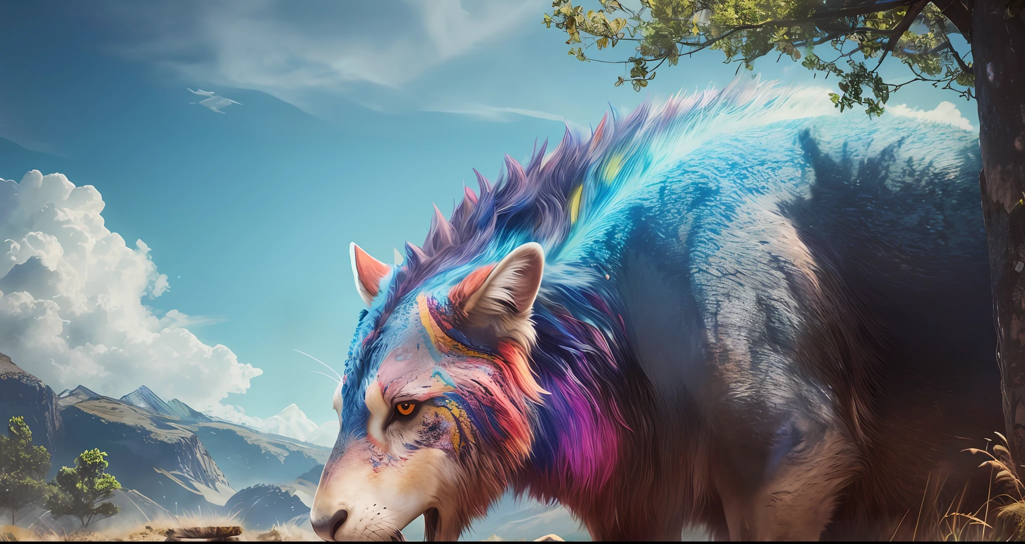 Colourful Lighting, Landscape, Ancient Animal :1.5,(Made with Colour Wet Skin, Realistic, High Texture Detailed,4k,