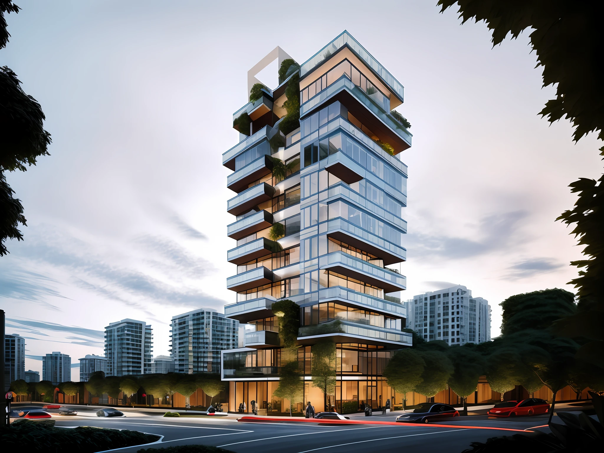 modern condominium tower in singapore with big overhang balcony and tress, Realistic black asphalt street and cars, city street with human and cars, contemporary Singapore apartment, condominium tower with overhang and cutout balcony, cutout balcony with plants and trees,a modern condominium tower with balcony cutout, glass curtain wall, shopping mall in the bottom, beautiful photo, Realistic render, edge and line enhance, shapener, octane render, ray tracing, 16k, ultra HD, Amazing beautiful modern condominium, perspective view, architectural scene, concrete structure exterior, 2 point perspective view, architectural photography, highrise condominium, Kengo Kuma, green balcony, cityscape in background, ray tracing, striped arrangements, wide angle, cloud, tree, skyscraper, blue sky, city, real world location (Image Sharpener:0.7) brutalism,brick wall,red brick,lattice facade,public building, building, house, outdoors, day,best quality, realistic, photorealistic,ultra detailed,16K,High quality texture,intricate details,detailed texture,finely detailed,photo of building , pixels perfect, sharpen edge, edges sharpener --auto --s2