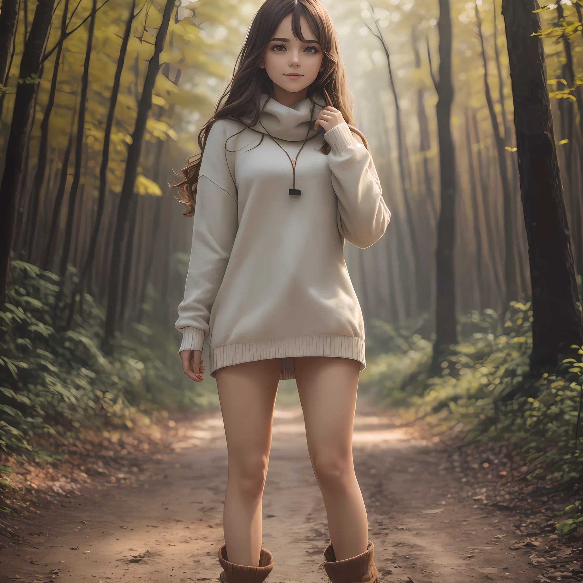 real life raw photo of a beautiful girl (J3ST401:0.99), full body photoshoot, full round face, short smile, brown sweater, forest setting, cinematic lightning, medium shot, mid - shot, highly detailed, trending on artstation, iso 2 0 0, f 1. 4, (8 0 mm:1.03), 8 5 mm, natural light, (morning haze:1.2), absurdres, incredibly_absurdres, --auto --s2