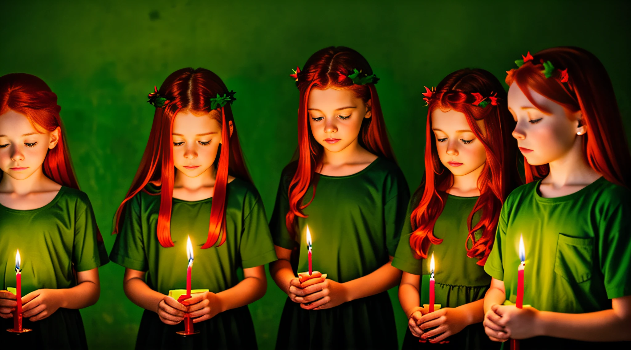 girl children REDHEADS WITH STRAIGHT HAIR ON HEAD TIES GREEN COLOR, PRAYING, RED BACKGROUND, CANDLES WITH FIRE.
