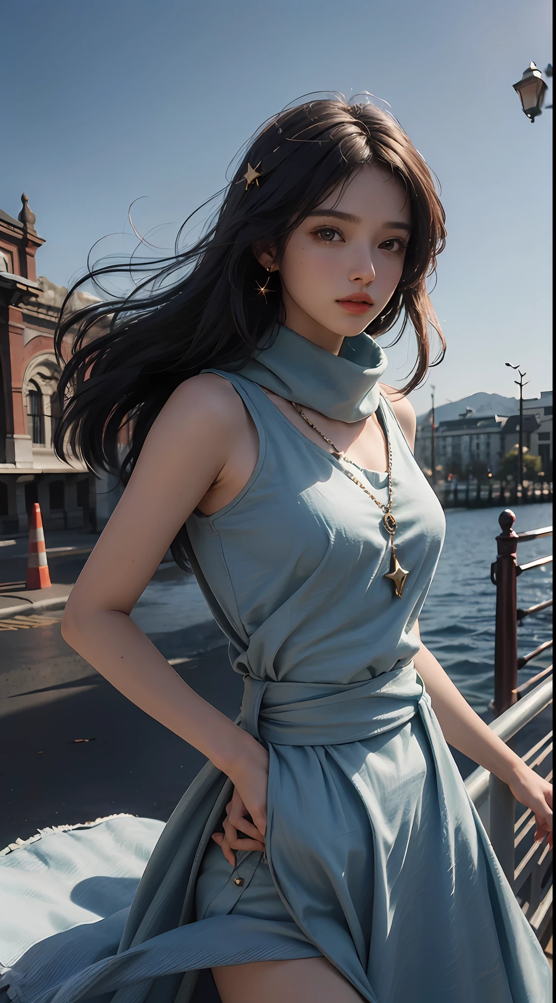 (RAW photo, 4k, masterpiece, high resolution, extremely complex) (realistic: 1.4), cinematic lighting
1 Girl, Solo Focus, Summer Noon, Hot, 1990s\Prompt: artistic, illustration, ((masterpiece)), ((best quality)), (((1 besutiful detailed girl))), see through clothes, sky background, rough lines, cute, flying, golden eyes, dress, hair between eyes, scarf, sidelocks, star (symbol), star hair ornament