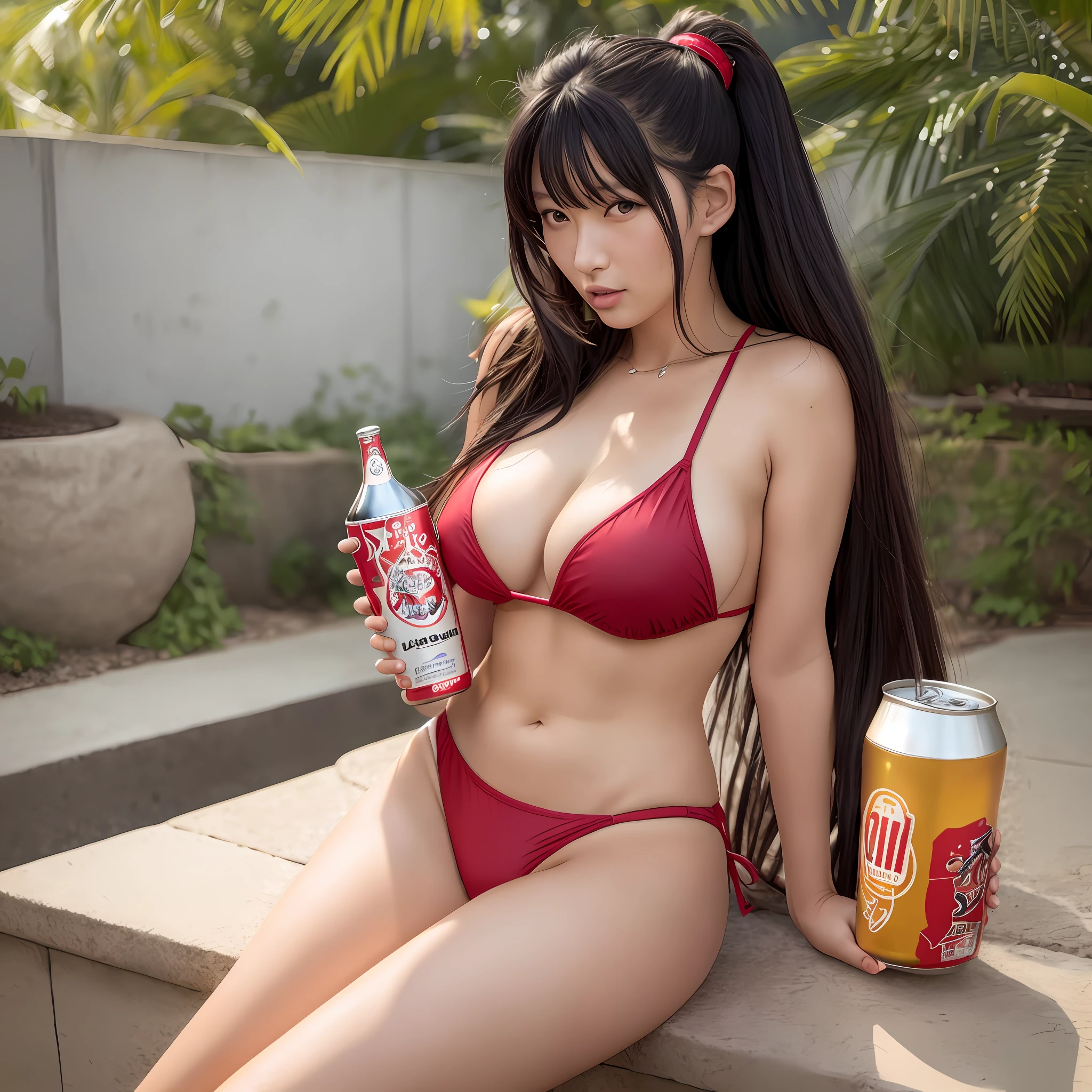 Seductive Misato Katsuragi, in swimsuit, with beer can,