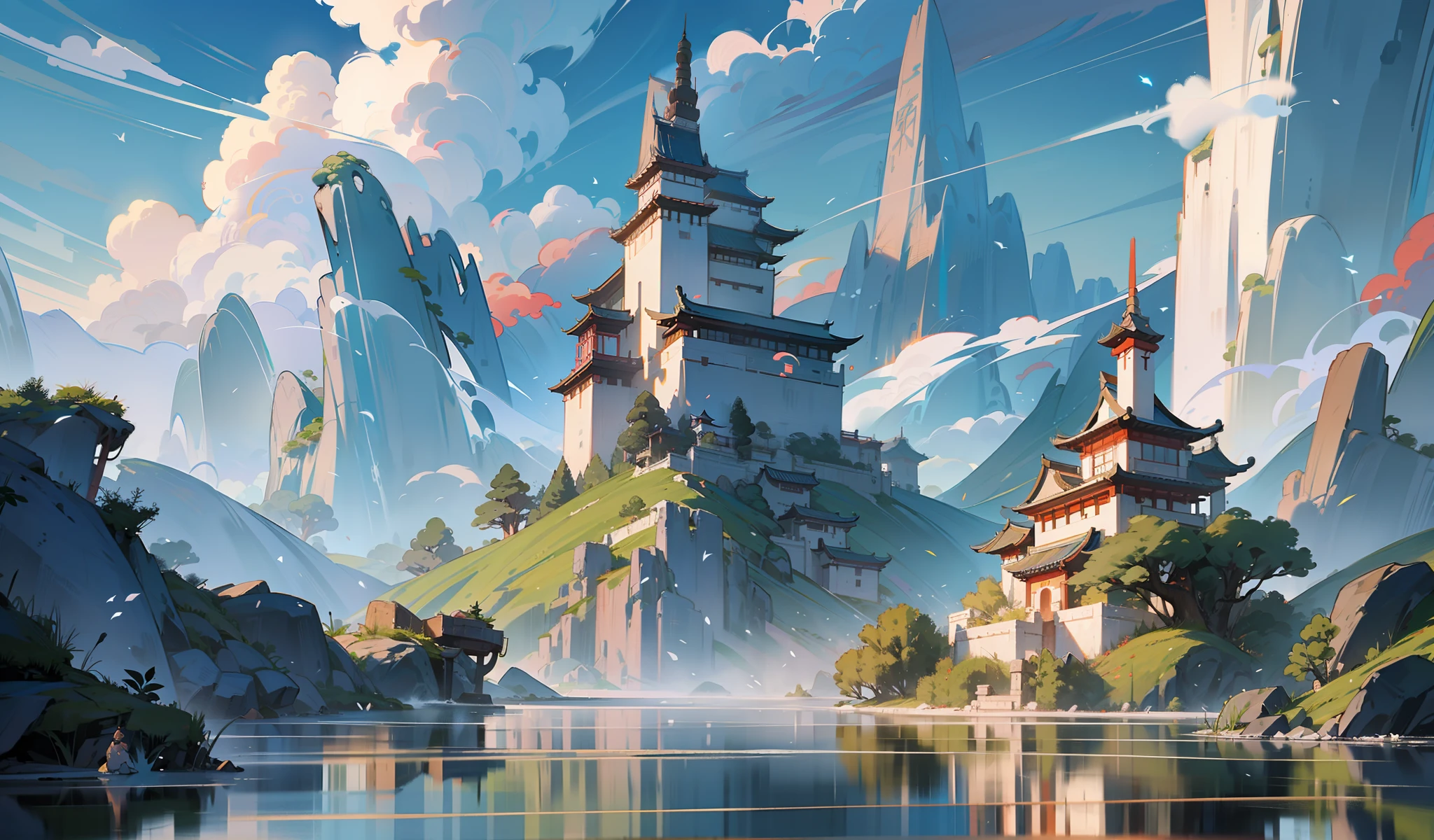 Scene Drawing, Wonderland, Sky, Clouds, Floating Mountains, Chinese Style, Landscape Painting, Ink, Two-dimensional, Painter Zeenchin, Fresh, More Details, 4K, Focus, Top Light, Divine, Halo, Junxi, Gao Xuyang