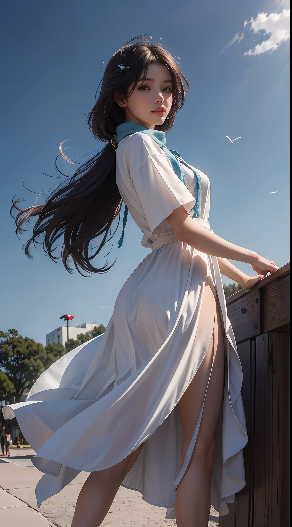 (RAW photo, 4k, masterpiece, high resolution, extremely complex) (realistic: 1.4), cinematic lighting
1 Girl, Solo Focus, Summer Noon, Hot, 1990s\Prompt: artistic, illustration, ((masterpiece)), ((best quality)), (((1 besutiful detailed girl))), see through clothes, sky background, rough lines, cute, flying, golden eyes, dress, hair between eyes, scarf, sidelocks, star (symbol), star hair ornament