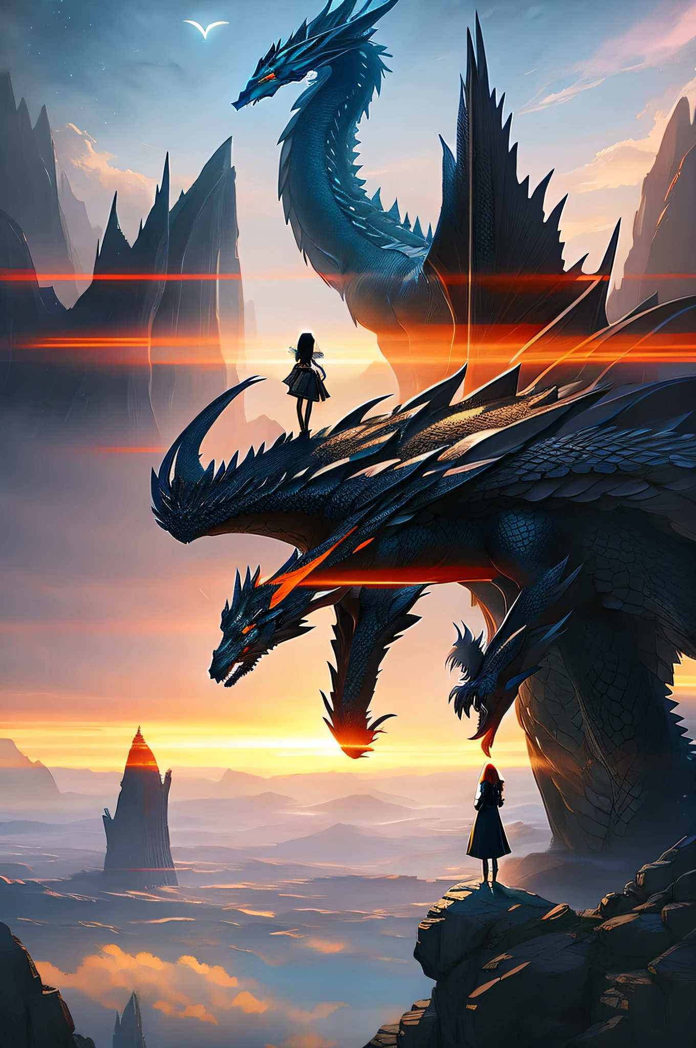 There is a woman looking at the mirror with a giant dragon flying, black stylized urban fantasy artwork, epic fantasy sci-fi illustration, symmetrical epic fantasy art, Makoto Shinkai, fantasy art act, epic fantasy digital art style, Alena Aenami and Artgerm, award-winning sci-fi art, magic, fire