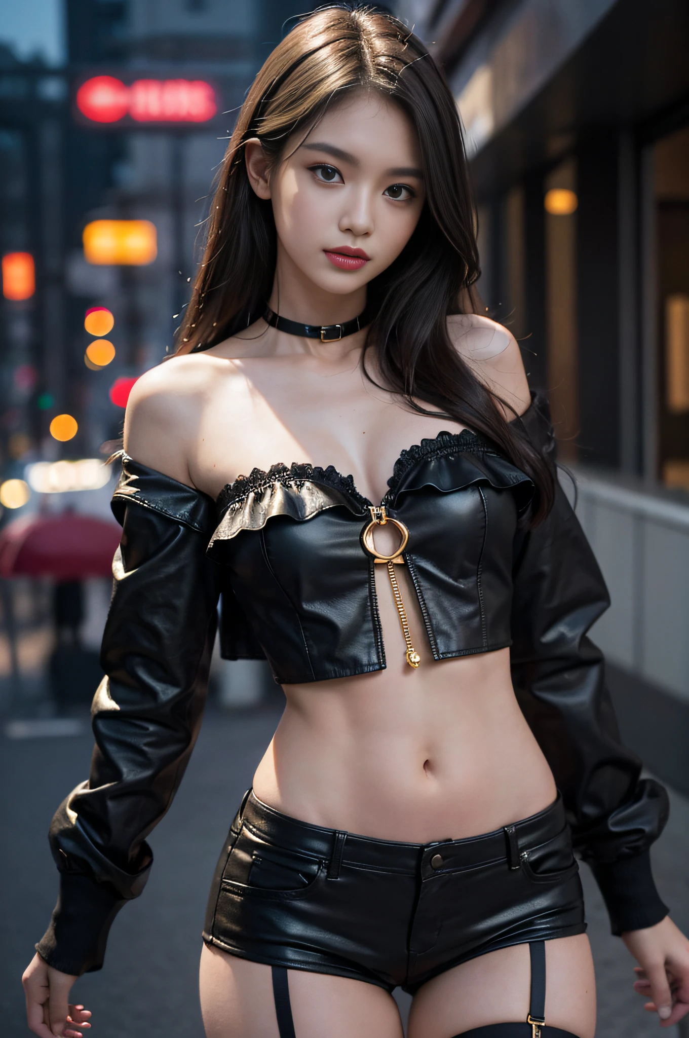((top quality, 8k, masterpiece: 1.3, ultra HD, high quality, highest quality, high resolution, realism, photo-like texture)), clear focus: 1.2, everyone will be captivated, you are perfect and ultimate idol, golden rings do not appear, the reincarnation of the most star, I love you with that smile, everyone will captivate him, those eyes are the words, even if they are lies, they are perfect eyes, Beautiful woman with a perfect figure with 9 heads: 1.4, slender abs: 1.2, a female model walking in Kabukicho in the middle of the night dazzling with neon, an attractive female model of 20 years old, a black leather jacket with a short front, a black bra with ruffles, short black leather shorts, fishnet stockings and gold garter belt, emphasizing cleavage, a small ribbon on the chest, a little devilish smile, Vibrant with long light brown hair, highly detailed face and skin texture, detailed eyes, high quality, best quality, (bright eyes, skin kissed by the sun), sexy bumps on breasts, high detail, realism, high resolution, 4K, curated, anatomically correct, slim figure, high detail, realism, high resolution, anatomically correct, live-action masterpiece, ultra hd, high quality, best quality , High Resolution, (Portrait: 1.5) High Detail, Realism, Curate, Anatomically correct, Blurred Background, Rich Color, Fine Detail, Surreal, 50mm Lens, Portrait Photography, 35mm Film, Natural Blur, (Chest with Bumps: 1.5), Sense of unity throughout the work,