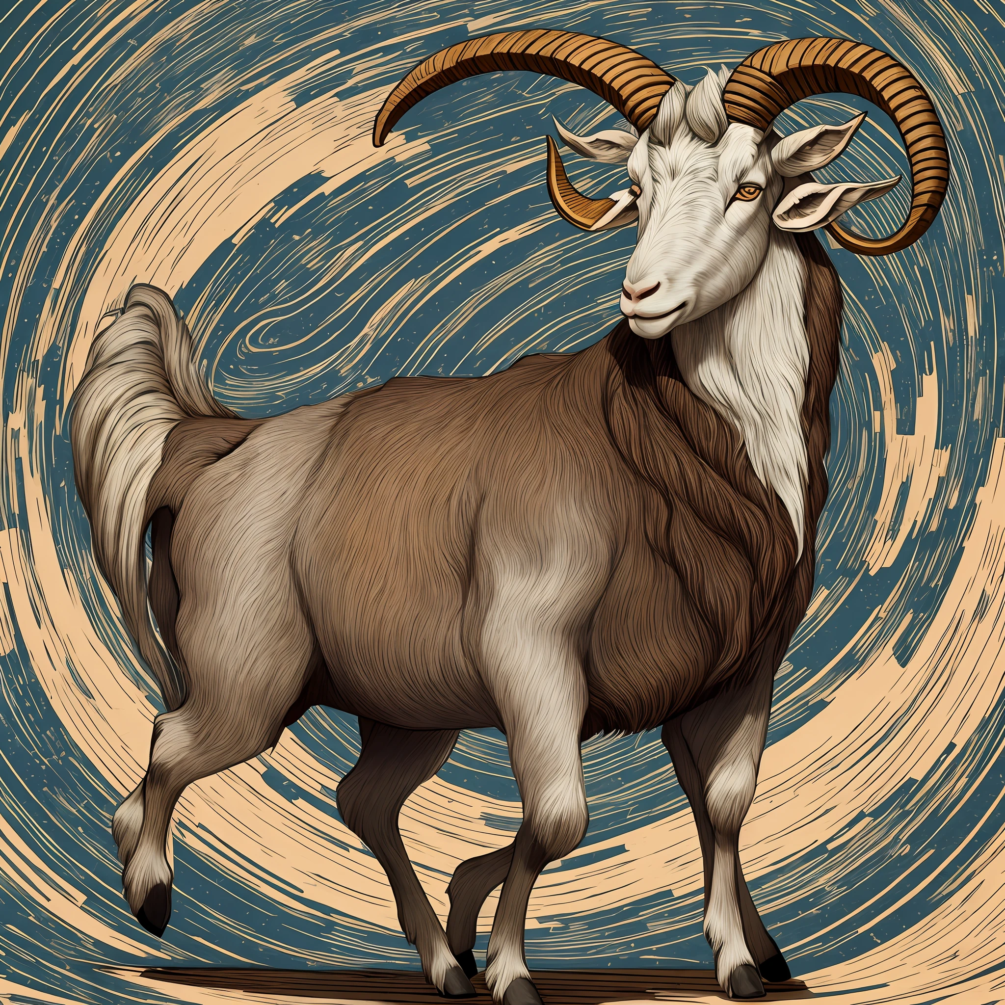Woodblock effect , goat, long curved horns, full body, head towards the viewer Large eyes, exaggerated horns curved Fine wool --auto --s2