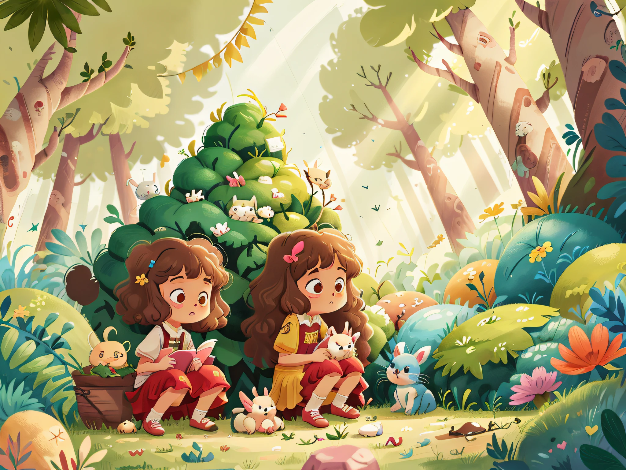 Two twin girls curly brown hair, Livia and Lavinia help injured white rabbit.