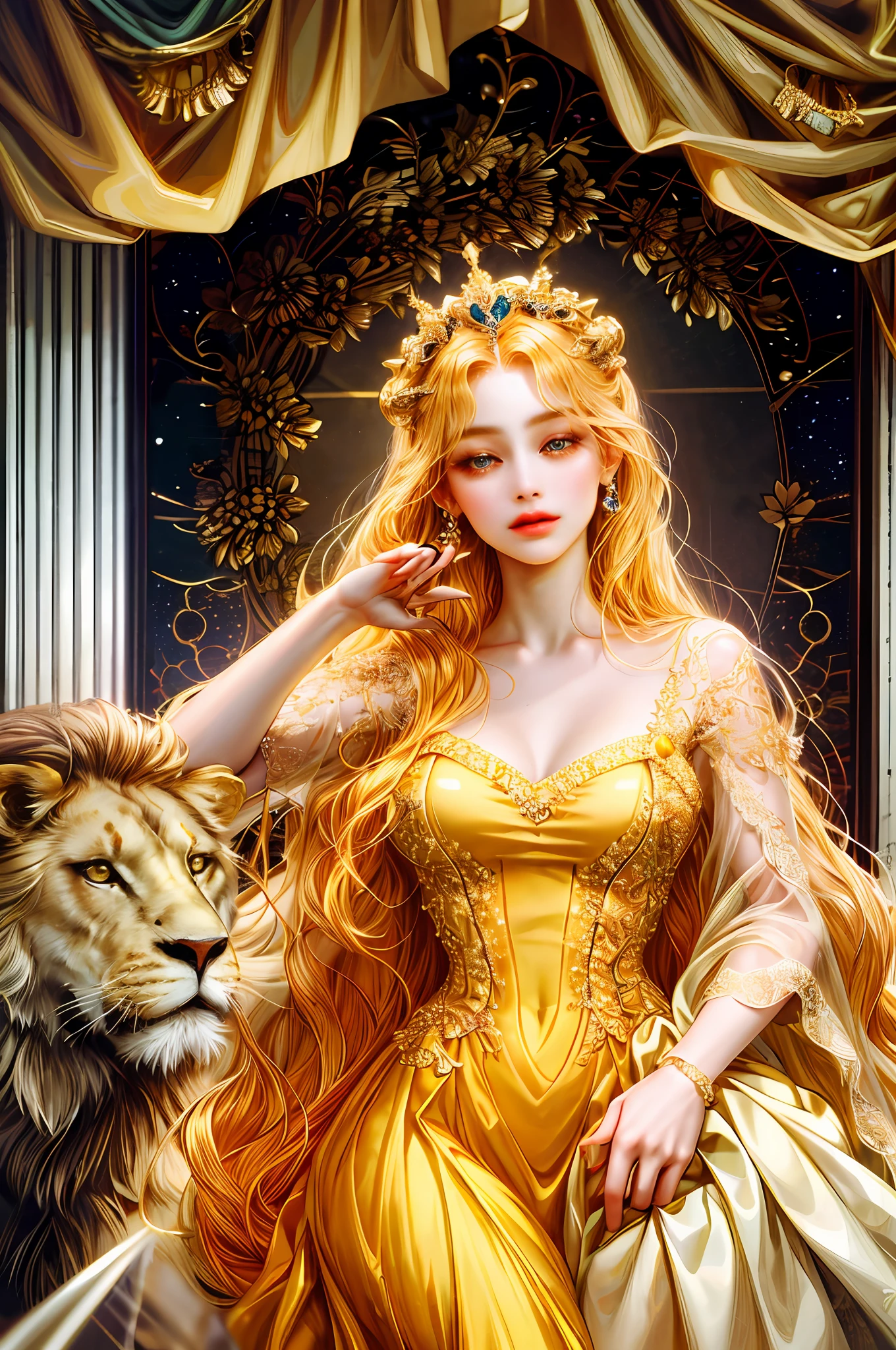 ( High quality , ultra detailed, careful with hand )Zodiac - Leo goddess , similar to latin goodness , Dominant, courageous, aristocratic, idealistic face , Arrogant, impulsive, despotic, hedonistic style ,  golden eyes(eyes detail), golden-yellow hair , transparent dress , in the golden ocean , whole body , strong make up look , lion vibe