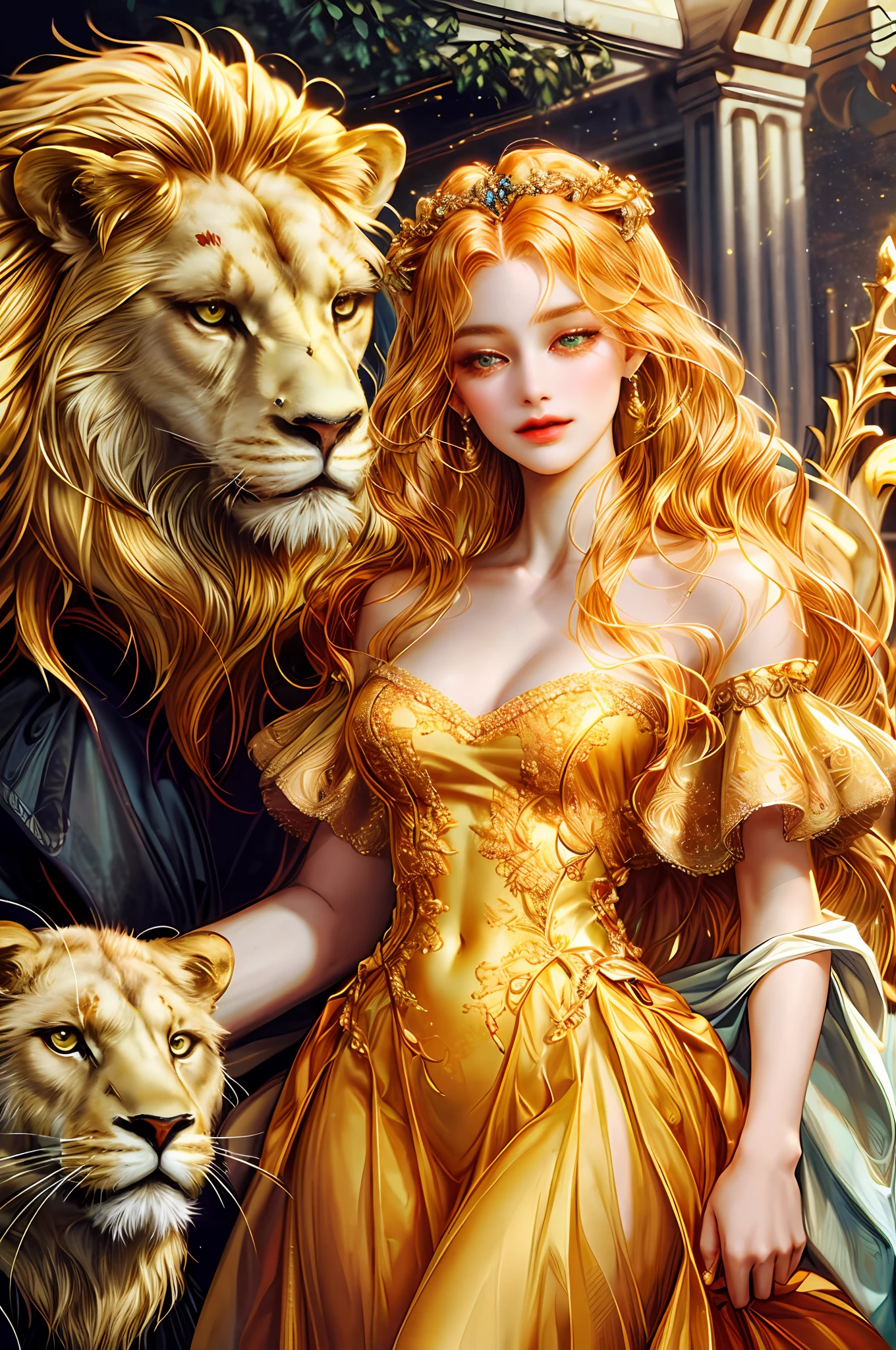 ( High quality , ultra detailed, careful with hand )Zodiac - Leo goddess , similar to latin goodness , Dominant, courageous, aristocratic, idealistic face , Arrogant, impulsive, despotic, hedonistic style , golden eyes(eyes detail), golden-yellow hair , transparent dress , in the golden ocean , whole body , strong make up look , lion vibe