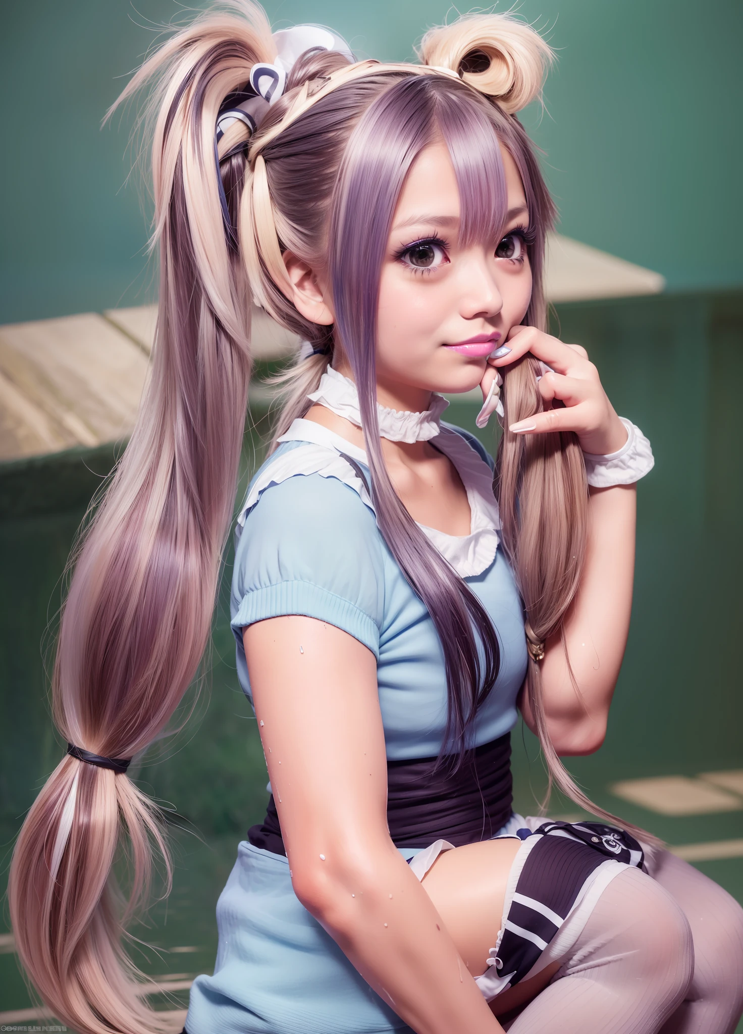 masterpiece, best quality, ultra high definition, realistic, 8K, cinematic lighting, bright lighting, higher, ((((Japan)))), Japan girl,(cute)),round face,raccoon face,black skin,(wet skin:1.2),beautiful skin,(light blue hair),medium hair,straight,(side ponytail:1.8),(two-tone hair color),black hair,(smile),gal makeup, Body piercings for ears, (Sailor suit: 1.5), (Knee-high socks: 1.8), (Absolute area: 1.8), 1 Girl, Looking at the camera, (((Upper body close-up))