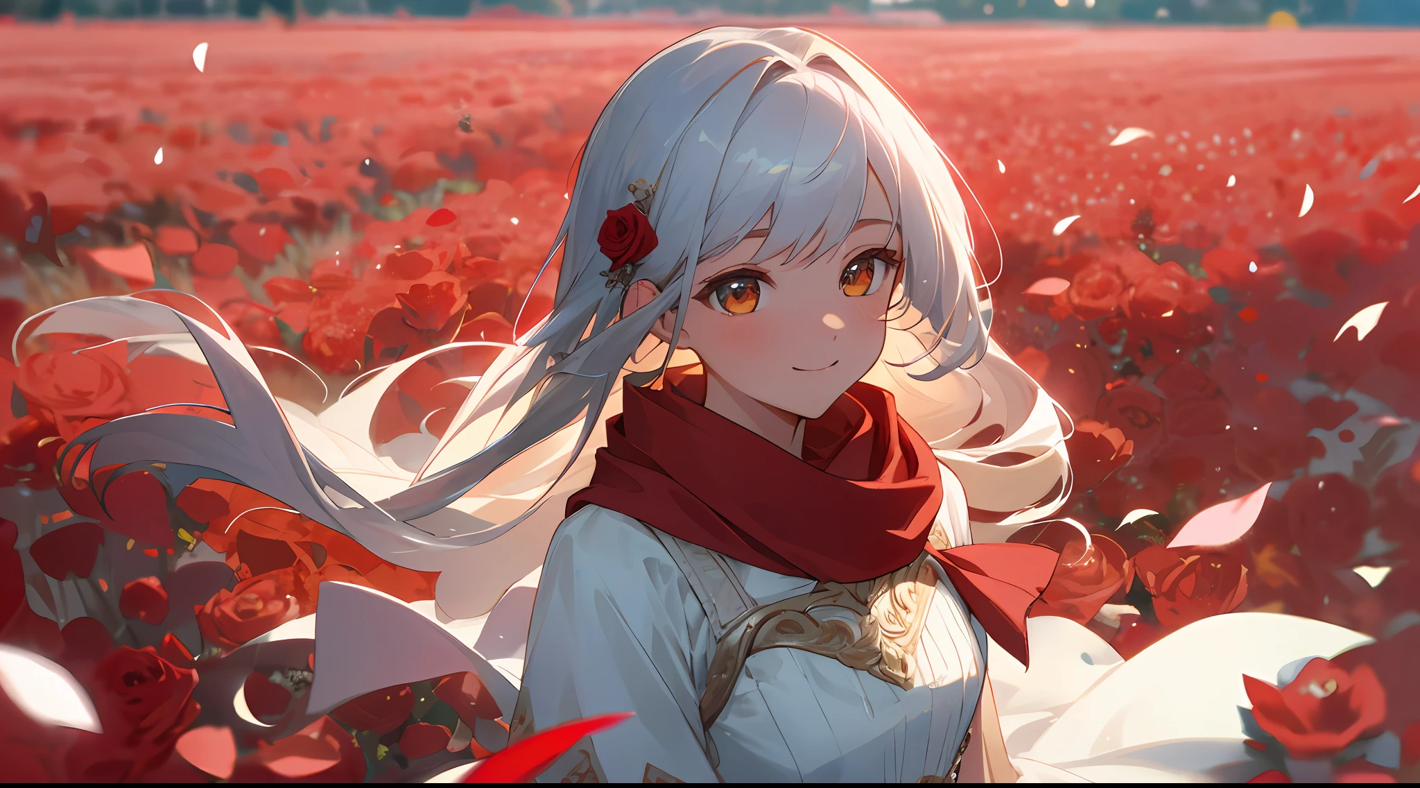 Vista, Panorama, Perspective, Depth of Field, Bust, Upper Body, Cinematic Angle, Masterpiece, Best Quality, Ultra Detailed, CG, 8K Wallpaper, Beautiful Face, Delicate Eyes, A Maiden, Solo, Smile, Silver Hair, Golden Eyes, Fair Skin, Hair Strands, Red Scarf, White Evening Dress, Rose Field, Red Flowers, Roses, Flower Field, Petals, Flying Petals, Smiling