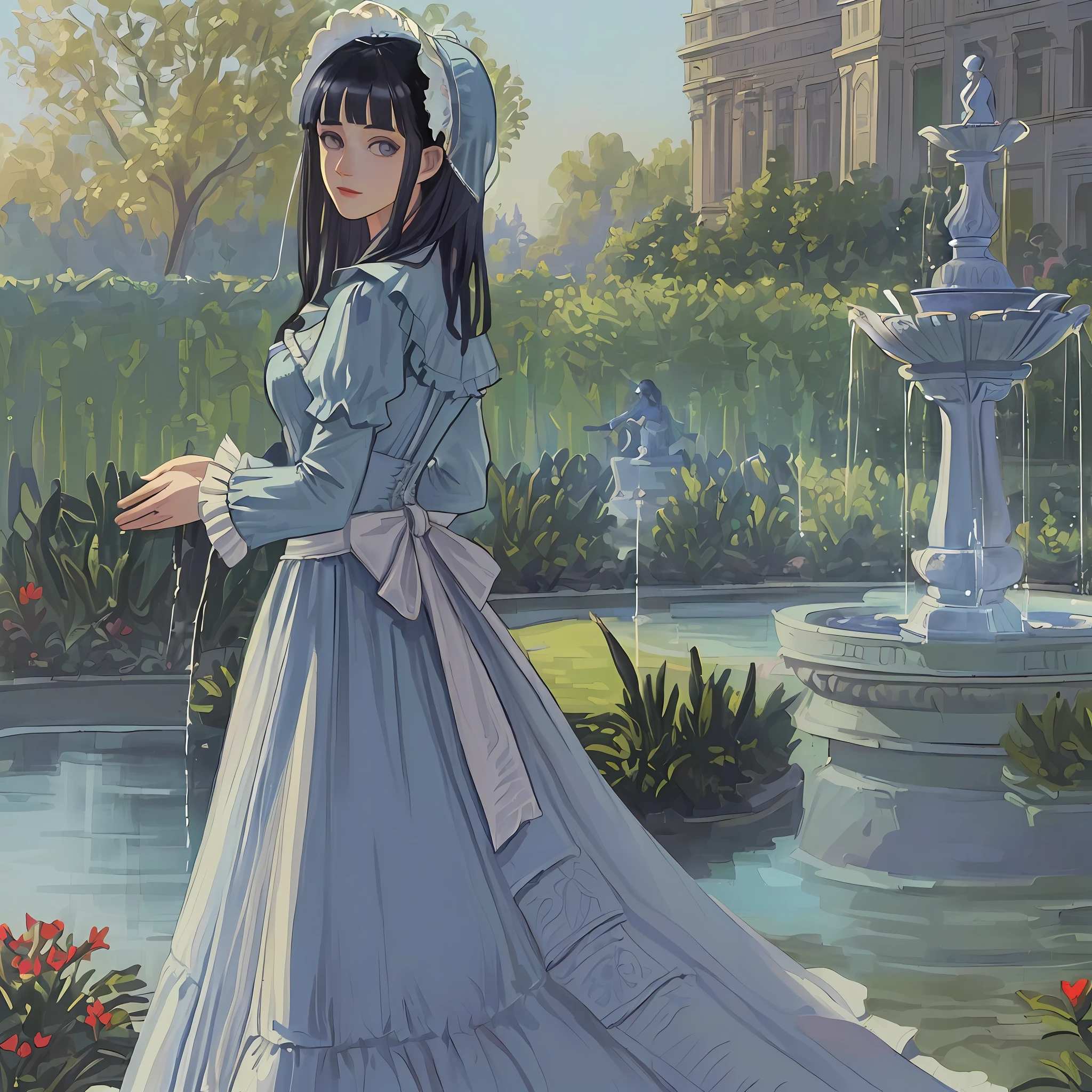 ((((masterpiece)))), (best quality), ((Hyper detailed)), ((High
 detail)), ((Exquisite detail)), (1 girl), (solo), (cowboy shot), (looking
 at viewer),((outside)), (((antique))), ((palace)), ((garden)), ((fountain)),
(flower), ((mature female)),((victorian dress)), ((medium breasts)),
((bonnet)), (long hair), hinata/(boruto/), dark blue hair, detailed lips, wavy hair