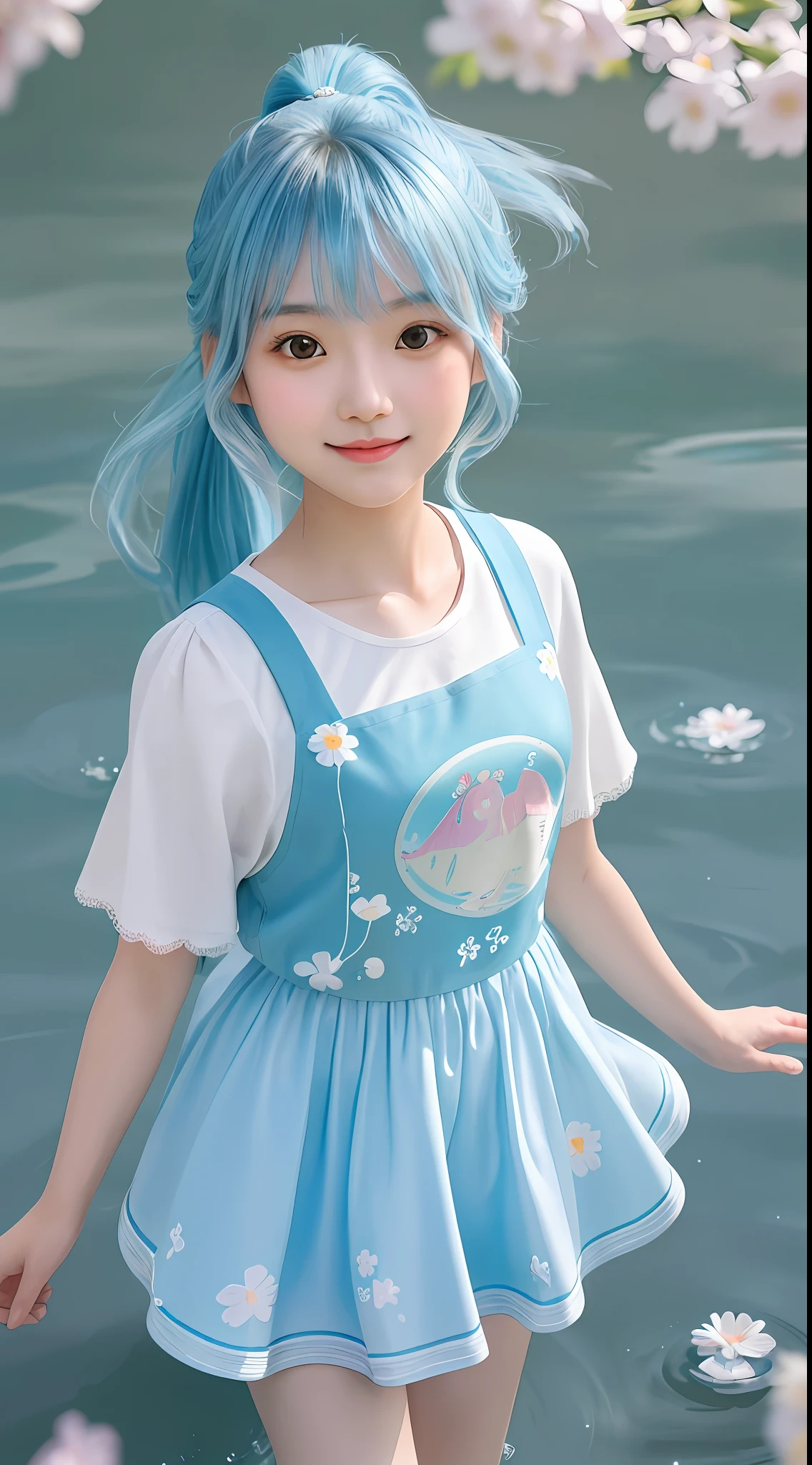 (masterpiece), (best quality), (ultra detailed), (disheed hair), (illustration), (1girl), 10-year-old cute loli, (Fashionable clothing), standing, Fashion model, looking at viewer, (interview), ( simple background), beautiful and delicate eyes, delicate beauty, smile, float, (high saturation), (colorful splash), colorful bubbles, (shine), focus on face, ponytail, Ayaka Kamisato, light blue hair, bangs, hair ring, floating flowers, flowing hair, (shiny), best lighting, best shadow,