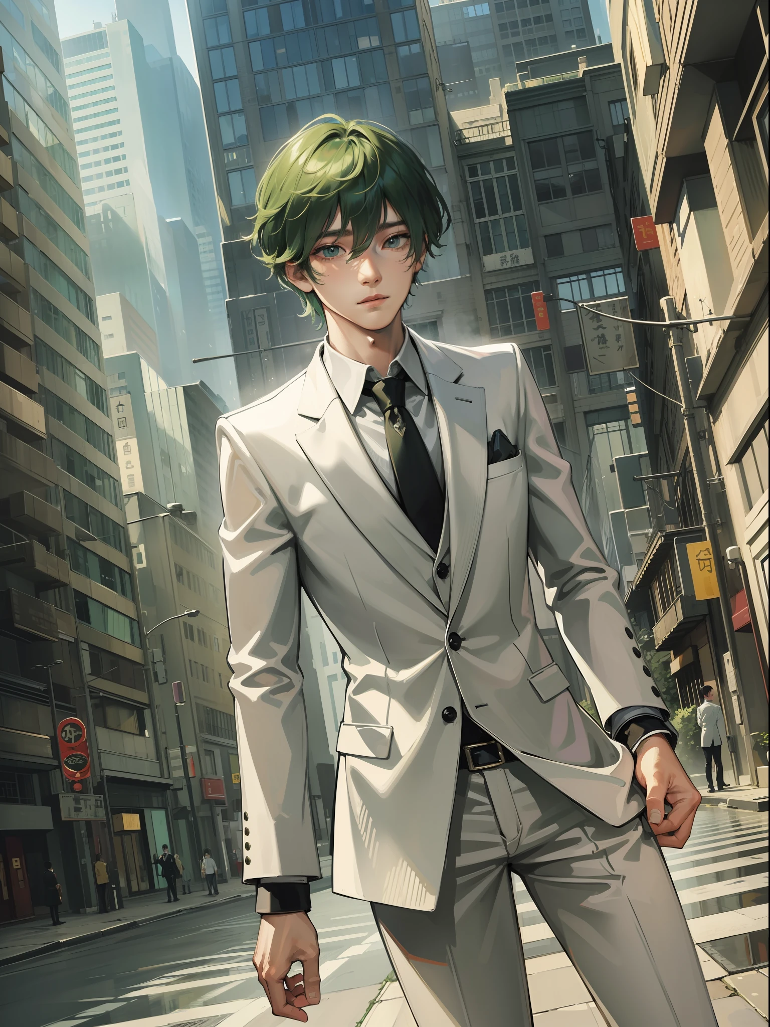 Masterpiece, high resolution, highest quality, intricate details, best textures, soft light, perfect shadows, a man, Chinese, short hair, green hair, suit, urban, high-rise building