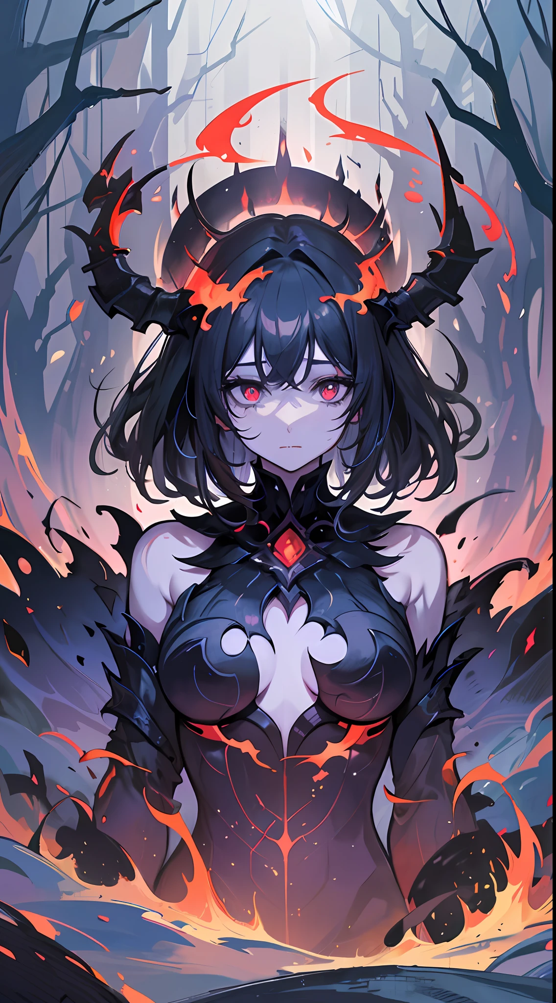 In the picture, a woman is trapped in the abyss of hell. She was surrounded by demonic and terrifying sights, flames burning and magma smoking. There was not a trace of panic or fear on the woman's face, replaced by a firmness and calmness. She was wearing a black robe, the corners of which fluttered as the flames burned. Her eyes were calm and deep, as if she had seen through the essence of life and death and suffering. The picture is full of surreal elements, the woman's body and the surrounding scene take on surreal forms and colors, making people involuntarily immerse themselves in this magical world. The whole picture is filled with a sense of oppression and horror, but also full of a sense of mystery and detachment, which makes people involuntarily attracted and amazed. Such a picture makes people cherish life and freedom more, and also makes people full of curiosity and desire to explore the unknown world. (8K, masterpiece, super detailed)