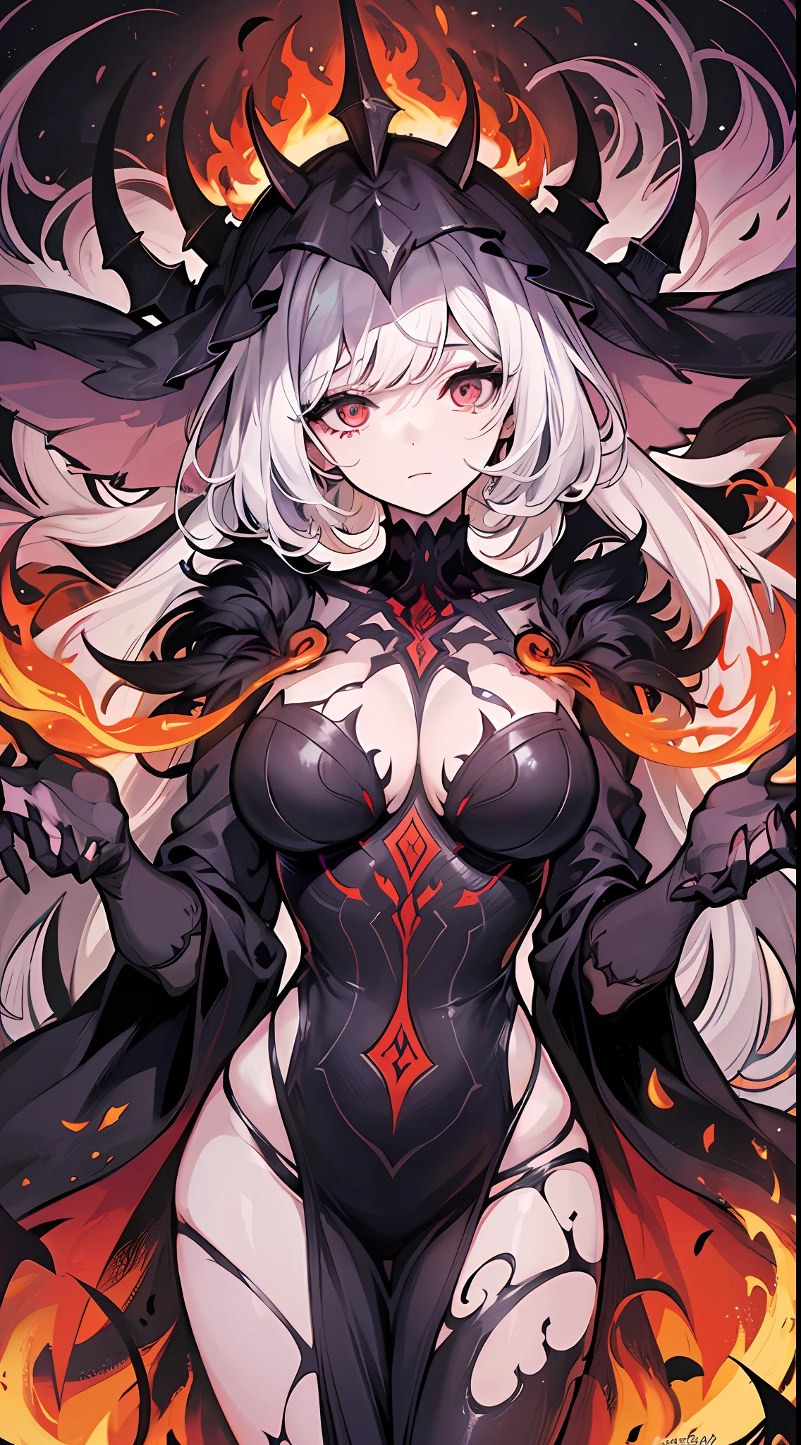 In the picture, a woman is trapped in the abyss of hell. She was surrounded by demonic and terrifying sights, flames burning and magma smoking. There was not a trace of panic or fear on the woman's face, replaced by a firmness and calmness. She was wearing a black robe, the corners of which fluttered as the flames burned. Her eyes were calm and deep, as if she had seen through the essence of life and death and suffering. The picture is full of surreal elements, the woman's body and the surrounding scene take on surreal forms and colors, making people involuntarily immerse themselves in this magical world. The whole picture is filled with a sense of oppression and horror, but also full of a sense of mystery and detachment, which makes people involuntarily attracted and amazed. Such a picture makes people cherish life and freedom more, and also makes people full of curiosity and desire to explore the unknown world. (8K, masterpiece, super detailed)
