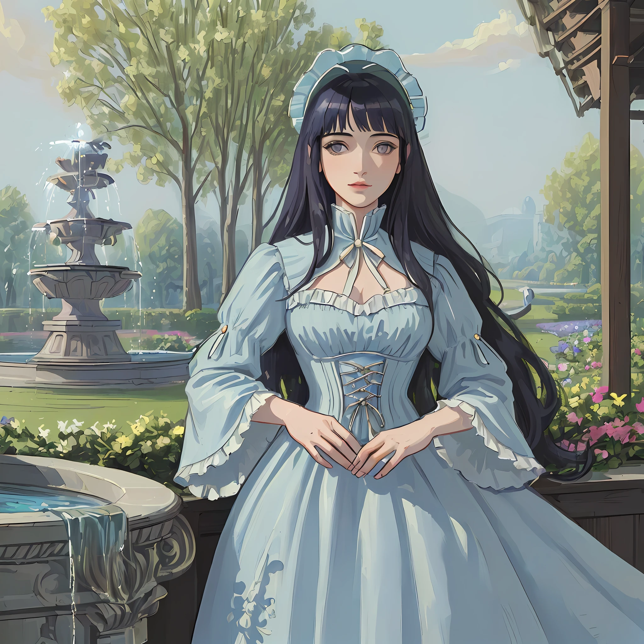 ((((masterpiece)))), (best quality), ((Hyper detailed)), ((High
 detail)), ((Exquisite detail)), (1 girl), (solo), (cowboy shot), (looking
 at viewer),((outside)), (((antique))), ((palace)), ((garden)), ((fountain)),
(flower), ((mature female)),((victorian dress)), ((medium breasts)),
((bonnet)), (long hair), hinata/(boruto/), dark blue hair, detailed lips, wavy hair