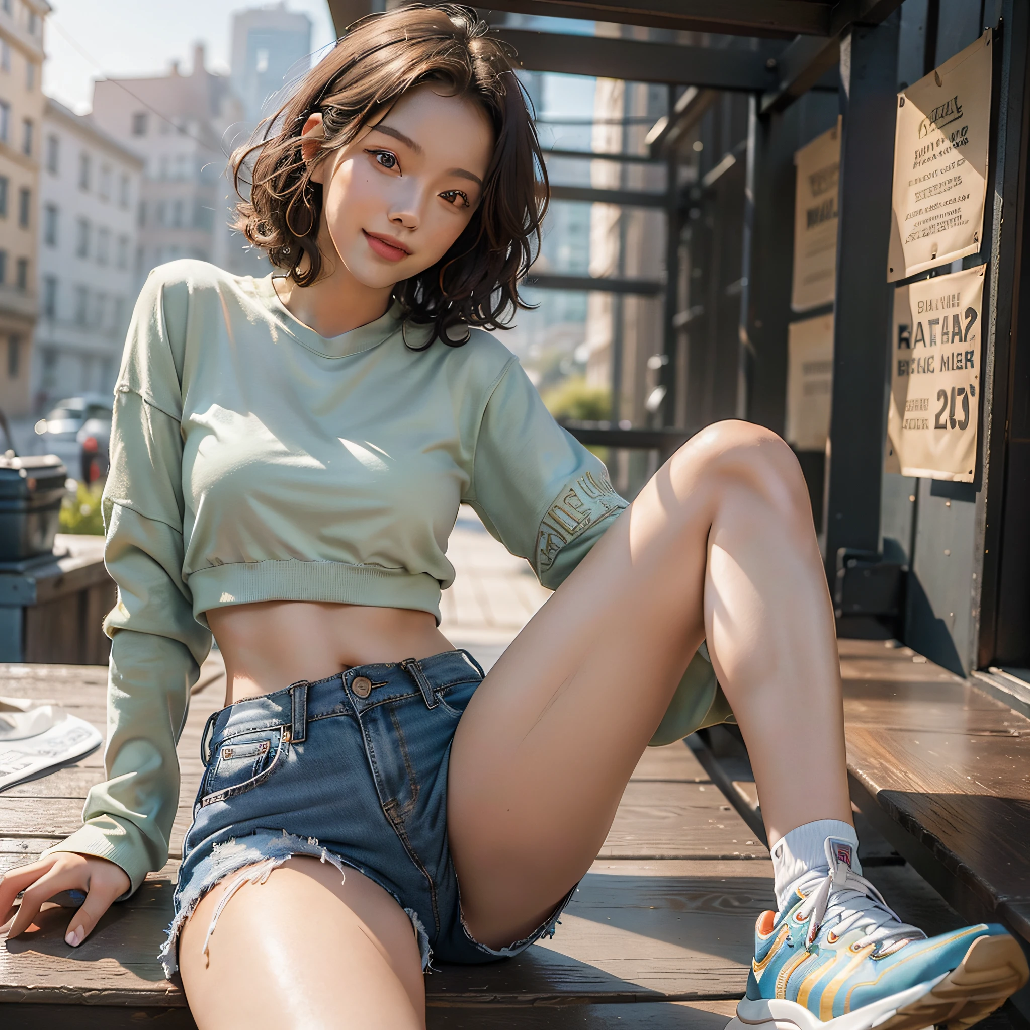 (masterpiece), (best quality), photorealism, realistic, photography, 1girl, 20yo, beautiful girl, perfect face, perfect body, golden ratio, good anatomy, photo maping, wearing crop top shirt, sneakers, sitting beside the rail, short curly hair, colorful hair, light smile, happy, sun rise, morning, depth of field, lens fare