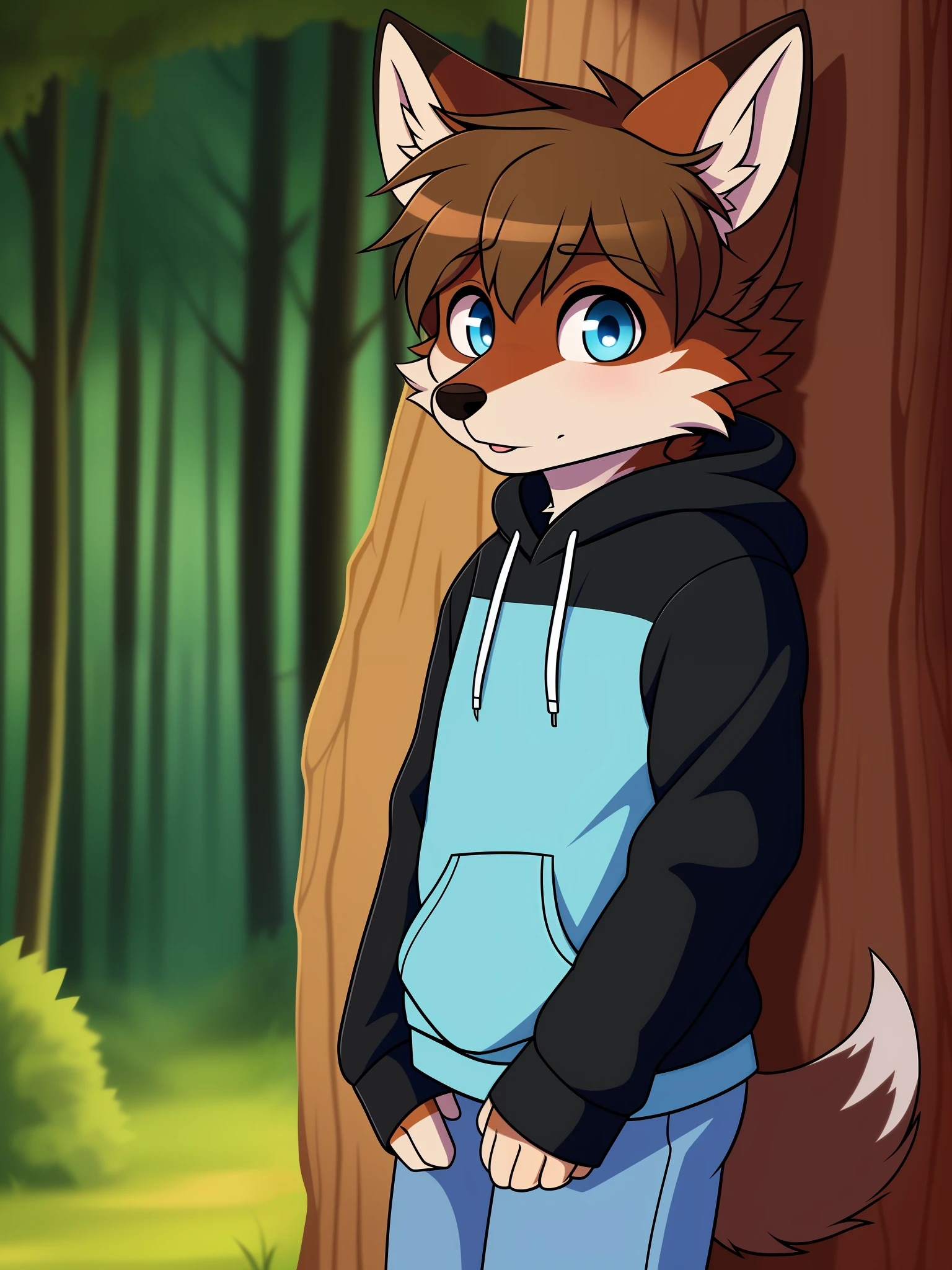 fox, femboy, sky blue eyes, multicolored fur, white fur, dark brown fur, black fur, wearing a hoodie, in a enchanted forest, solo,