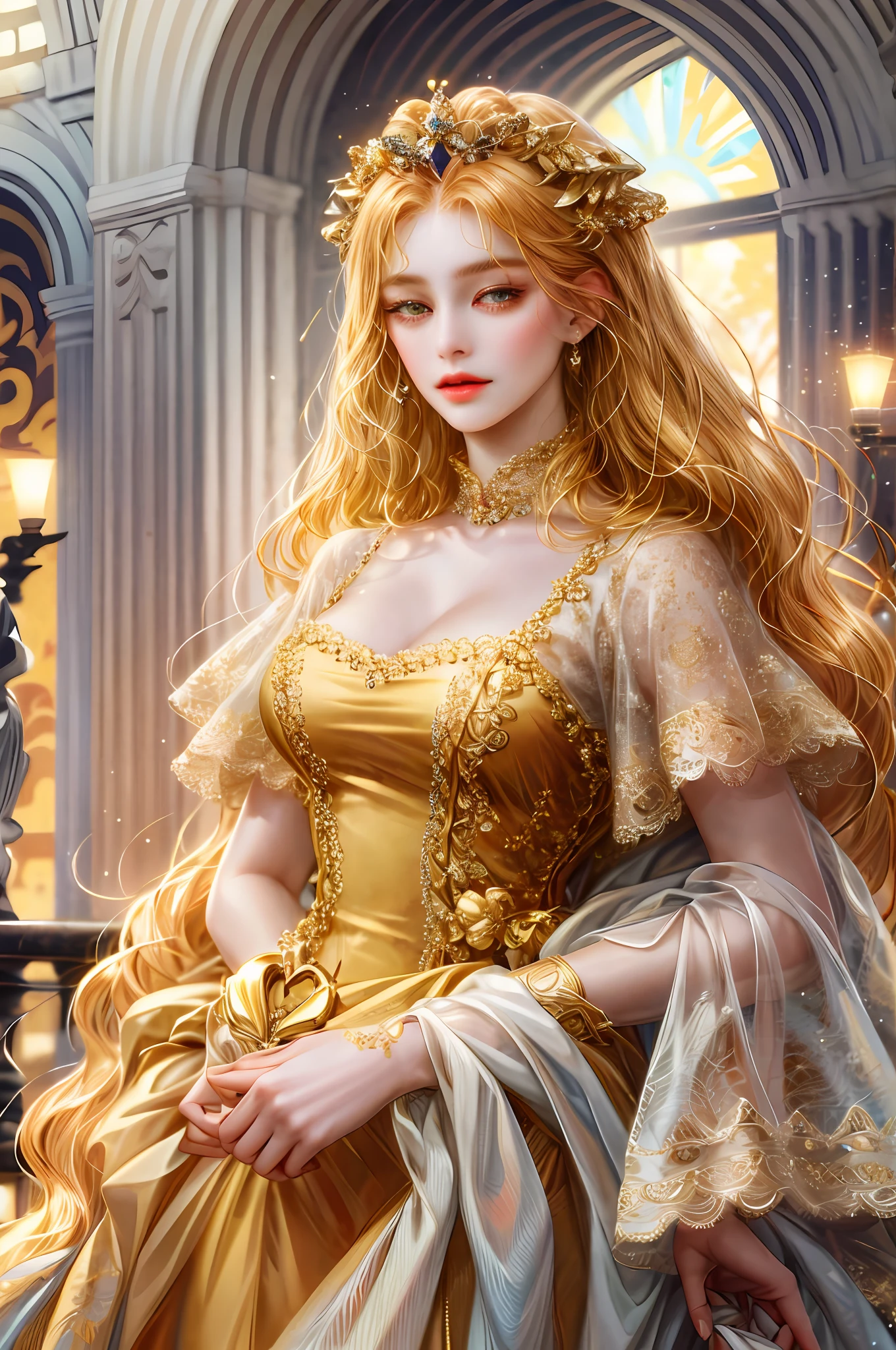 ( High quality , ultra detailed, careful with hand )Zodiac - Leo goddess , similar to latin goodness , Dominant, courageous, aristocratic, idealistic face , Arrogant, impulsive, despotic, hedonistic style ,  golden eyes(eyes detail), golden-yellow hair , transparent dress , in the golden ocean , whole body , strong make up look , That girl has lion vibe