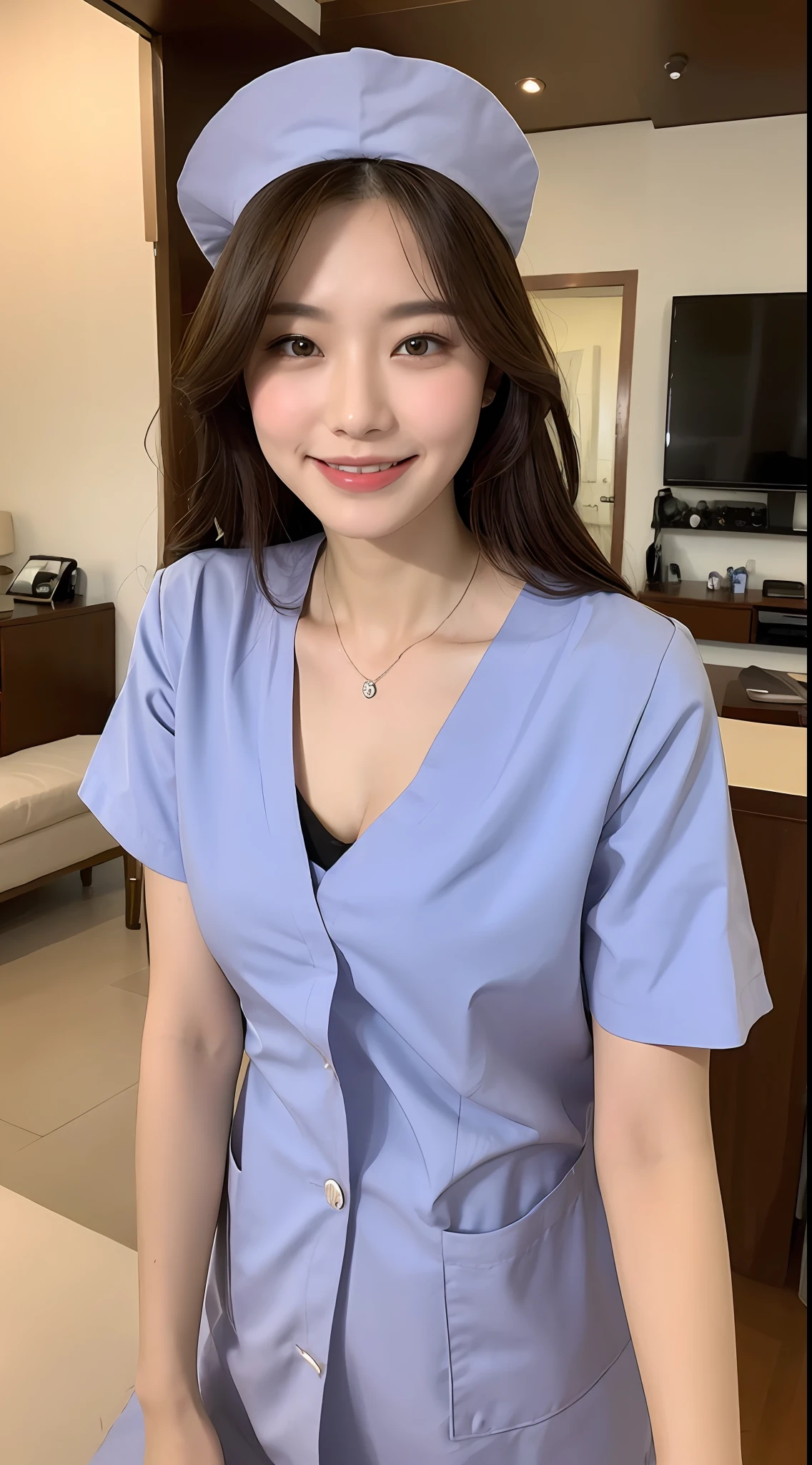 ((Best Quality, 8K, Masterpiece: 1.3)), Focus: 1.2, Perfect Body Beauty: 1.4, Buttocks: 1.2, ((Delicate Hair)), (Nurse's Uniform: 1.1) , (Room, Living Room: 1.3), Highly detailed face and skin texture, Fine eyes, Double eyelids, Whitened skin, Big breasts, smile, wearing necklace, with nurse's hat