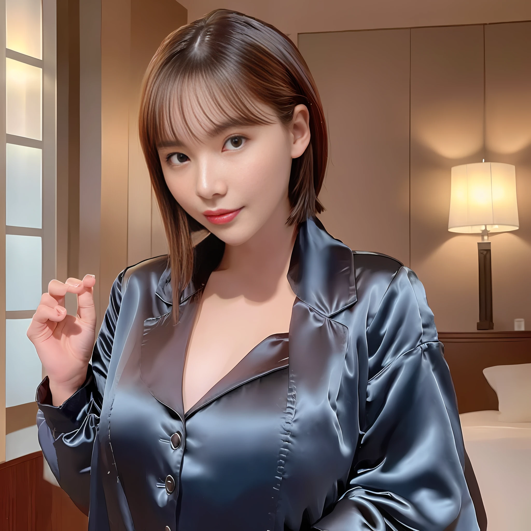 (RAW Photos, Best Quality, Masterpiece: 1.2), (Realistic, Photorealistic: 1.37), 1 Girl, Light Smile, (Big: 1.2), (High Detail: 1.2), (Detail Background: 1.2), (Shiny Skin: 1.2), (Skin Dents: 1.3), (Plump: 1.2), (Perfect Body: 1.35), (Portate: 0.8), Gorgeous, Floating Hair, Head Tilt, watch the viewer, (small head: 1.4), wear a satin wrench coat, the material of the satin wrench coat and satin blouse is shiny, soft and smooth to the touch, the buttons of the satin wrench coat are large, the buttons in front of the satin wrench coat are fastened, and the underwear is not worn, the collar of the satin blouse must be taken out of the satin wrench coat, Body-fitting satin blouse, chest is C cup, Japan fashion model, wearing a shirt, wearing a coat, one beauty, the place is a hotel bedroom, the subject is one,
