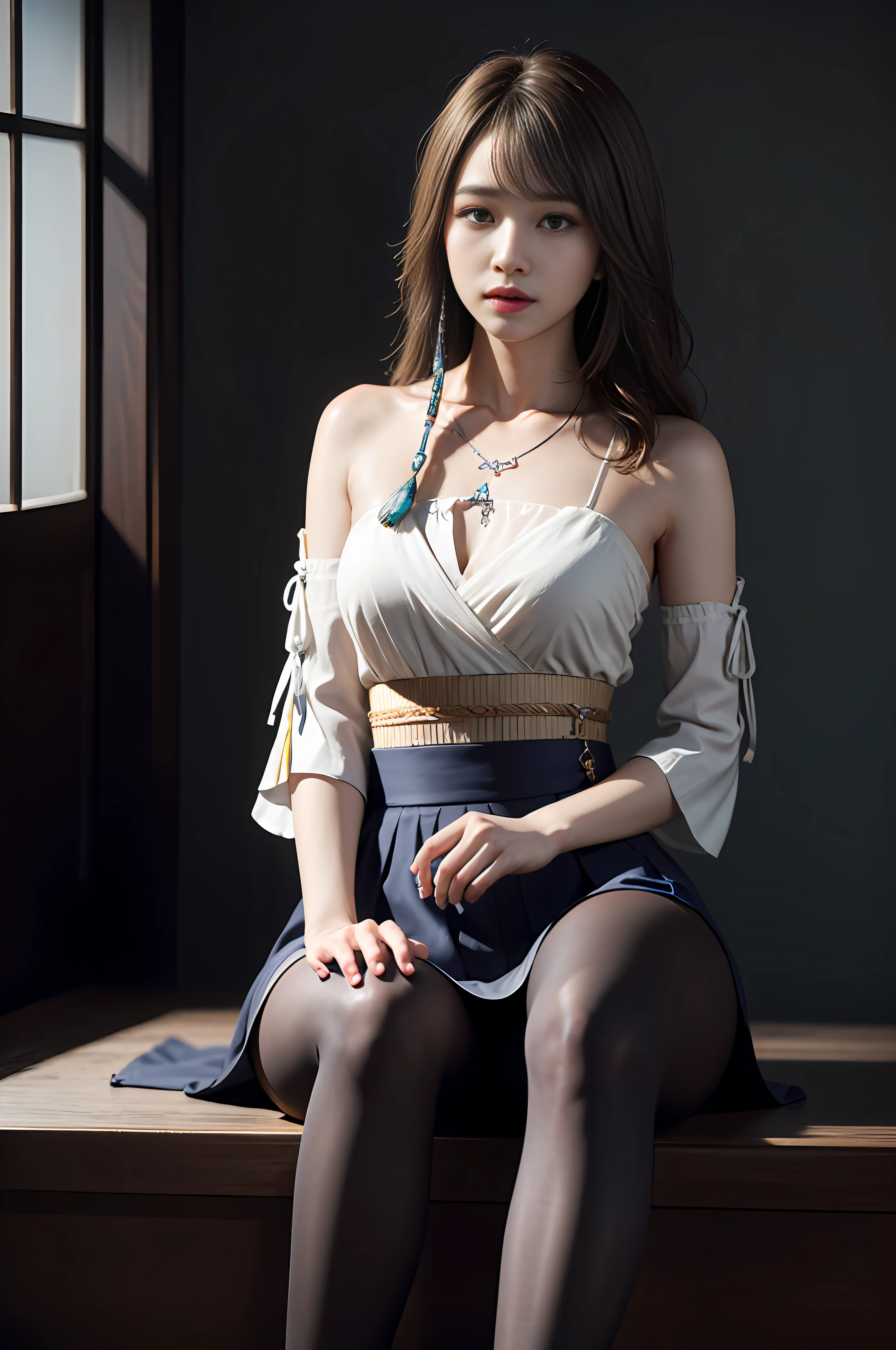 (((Masterpiece))), extremely detailed CG Unity 8k wallpaper, 1 girl, (yuna:1.5), sitting, ((crossed_legs)), ((seeing through black pantyhose)), soles, ((foot focus))), meticulously portrayed pupils, thoroughly depicted facial features.(((Realistic rendering to hair and skin))), (Realism: 1.2), (Hyperrealism: 1.1), (ArtStation, artists Sakimichan and Qianxuan)). (3D:0.5), Unreal Engine, Amazing Detail, Perfection, Photorealistic Realism, Surreal, 8K Rendering, Epic, Cinematic Lighting