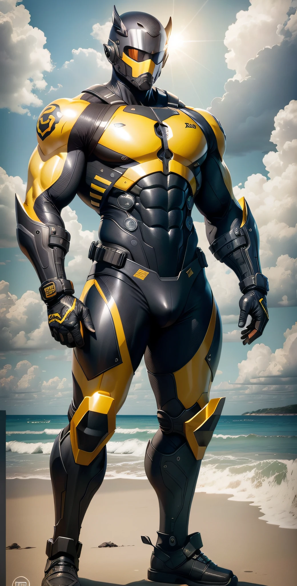 Man in yellow and black clothes standing on the sunny beach, muscular man, American round inch, Buzz cut, muscular! Wearing black sunglasses, mechanical mask, round head Buzz Cut, stealth suit, symmetrical pattern texture design, best picture quality and resolution, character design special forces, black military boots, attractive strong men and armor, weaving sunlight shining through the clouds on the body, Li Xiaoxiao