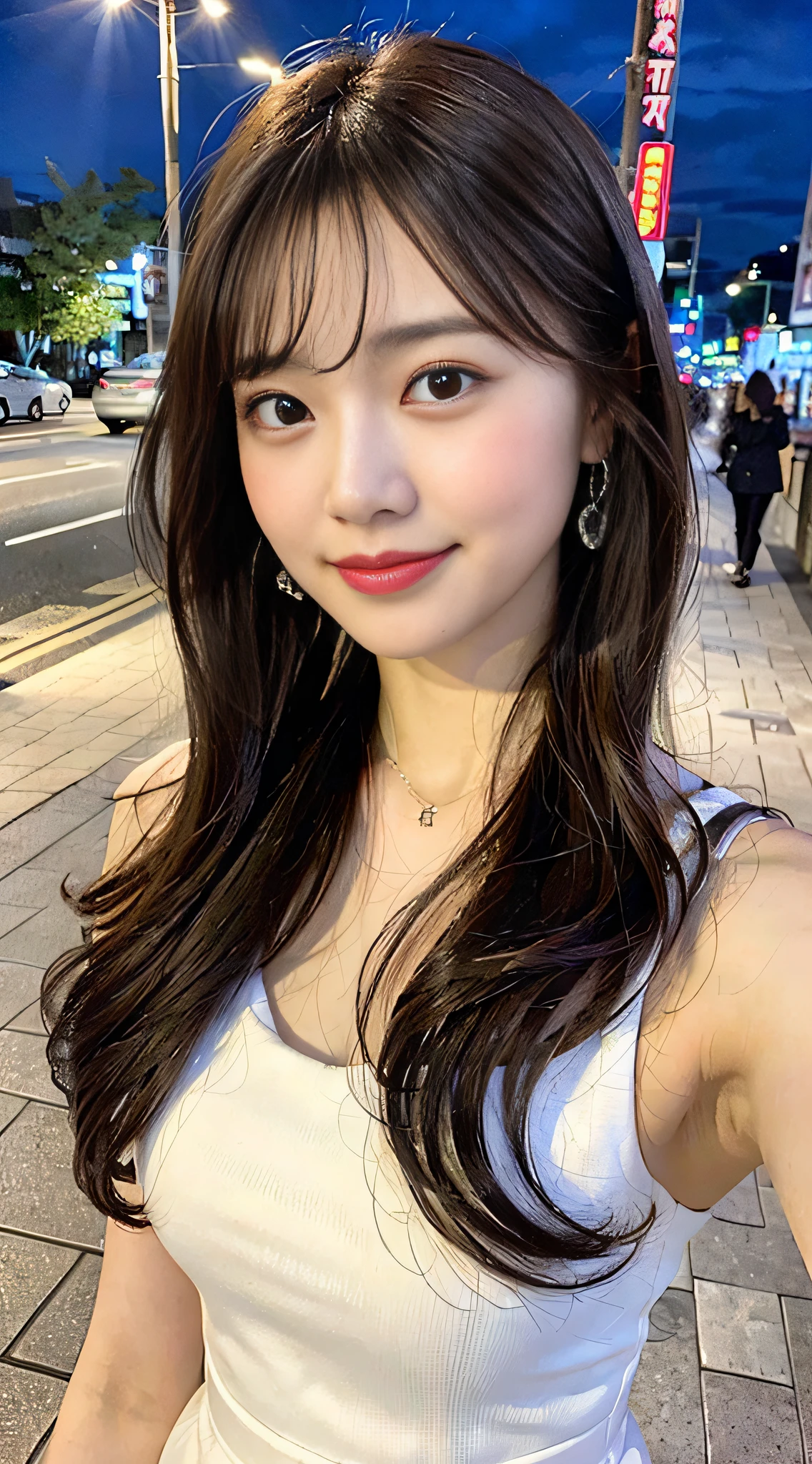 (8k, RAW photo, best quality, masterpiece: 1.2), (realistic, photorealistic photo: 1.37), professional lighting, photon mapping, light energy transfer, low cut, big breasts, ((slightly fat)), korean girl, background walking on city night, lace, long skirt, small white shoes, highly detailed face and skin texture, delicate eyes, double eyelids, whitened skin, long hair, (shut up: 1.3), smile