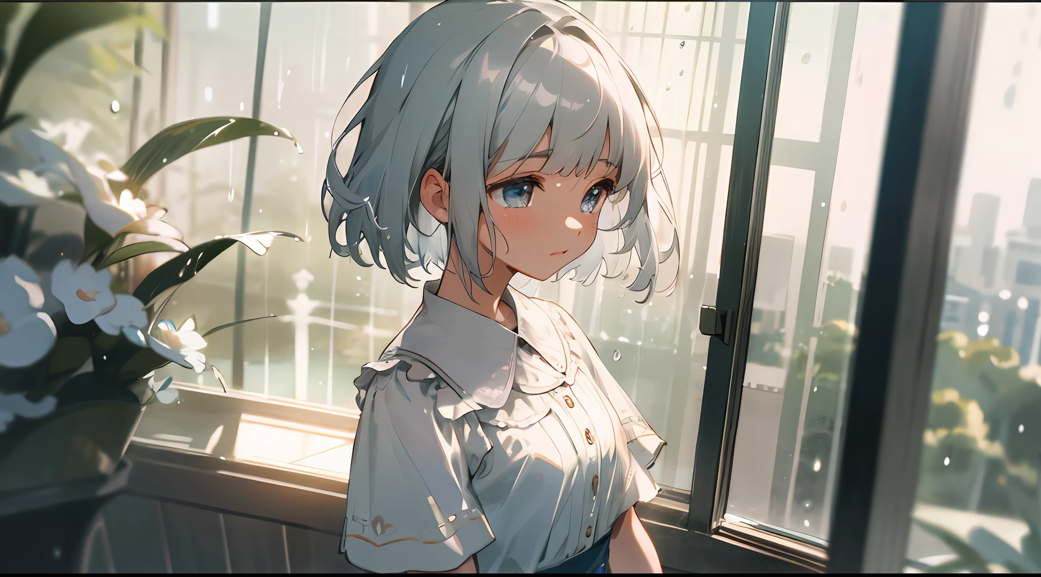 Vista, Panorama, Perspective, Depth of Field, Bust, Upper Body, Cinematic Angle, Masterpiece, Best Quality, Ultra Detailed, CG, 8K Wallpaper, Beautiful Face, Delicate Eyes, A Maiden, Solo, Short Silver Hair, Short Sleeves, Shorts, Standing in front of the window, Looking Out the Window, Raindrops, Tears, Tears