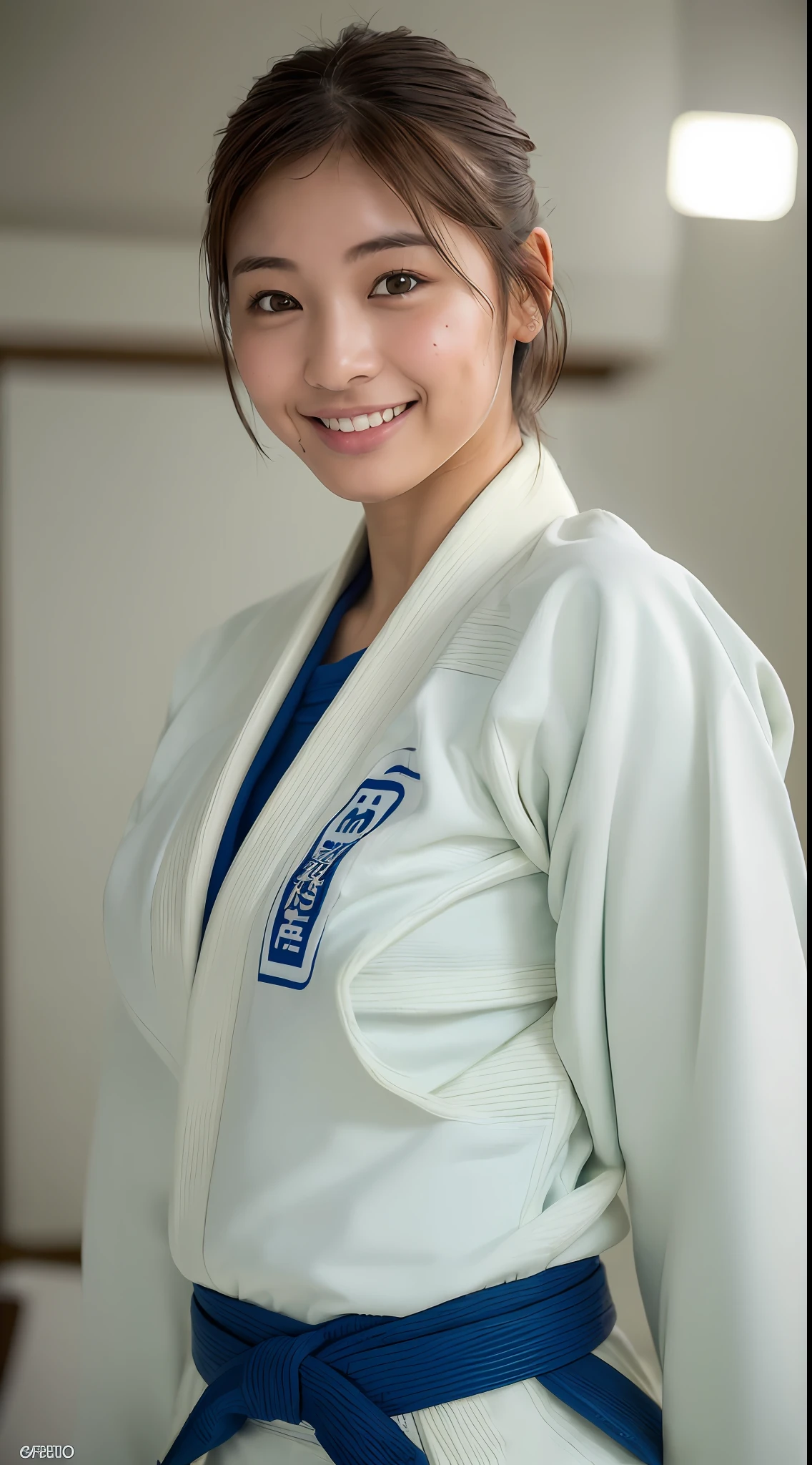(8k, highest quality, masterpiece: 1.2), (realistic, photorealistic: 1.37), super detail, top quality, realistic, very detailed, very delicate and beautiful, RAW photo, (((professional lighting)), face lighting, depth of field, single focal, full body photo, 20 year old woman, brown hair, ((big)), (big breasts), ((Gracie Jiu-Jitsu)), (wearing (t-shirt)) , (muscular and healthy), ((brown eyes)), ((wearing a pure white judo uniform)), ((white belt)), small head, ((beautiful eyes)), bareface, realistic face, real face, fine eyes, (((judo)), ((Brazilian jiu-jitsu)), (long sleeved), (dojo), (wearing a jiu-jitsu uniform), (fashionable hairstyle: 1.3), viewer, (sweating), one girl, (cute Japan female photo)), cute, sport, (smile: 1.15), (closed mouth), fine and beautiful eyes, judo athlete, sweaty, healthy body, (short hair: 1.2), floating hair NovaFrogStyle, tanned skin, trainee, athlete, short hair, dark skin