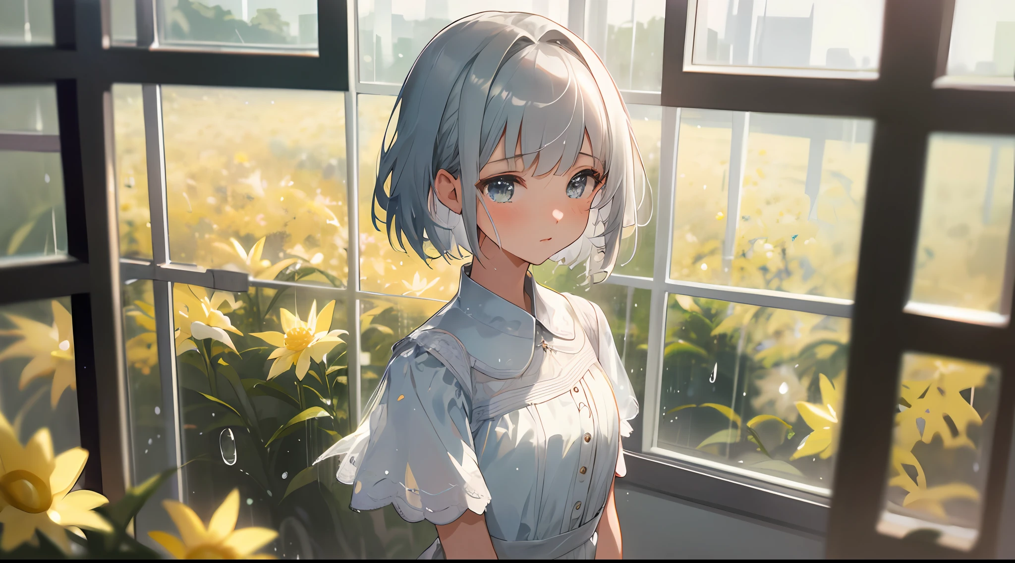 Vista, Panorama, Perspective, Depth of Field, Bust, Upper Body, Cinematic Angle, Masterpiece, Best Quality, Ultra Detailed, CG, 8K Wallpaper, Beautiful Face, Delicate Eyes, A Maiden, Solo, Short Silver Hair, Short Sleeves, Shorts, Standing in front of the window, Looking Out the Window, Raindrops, Tears, Tears, Daffodils, Flowers