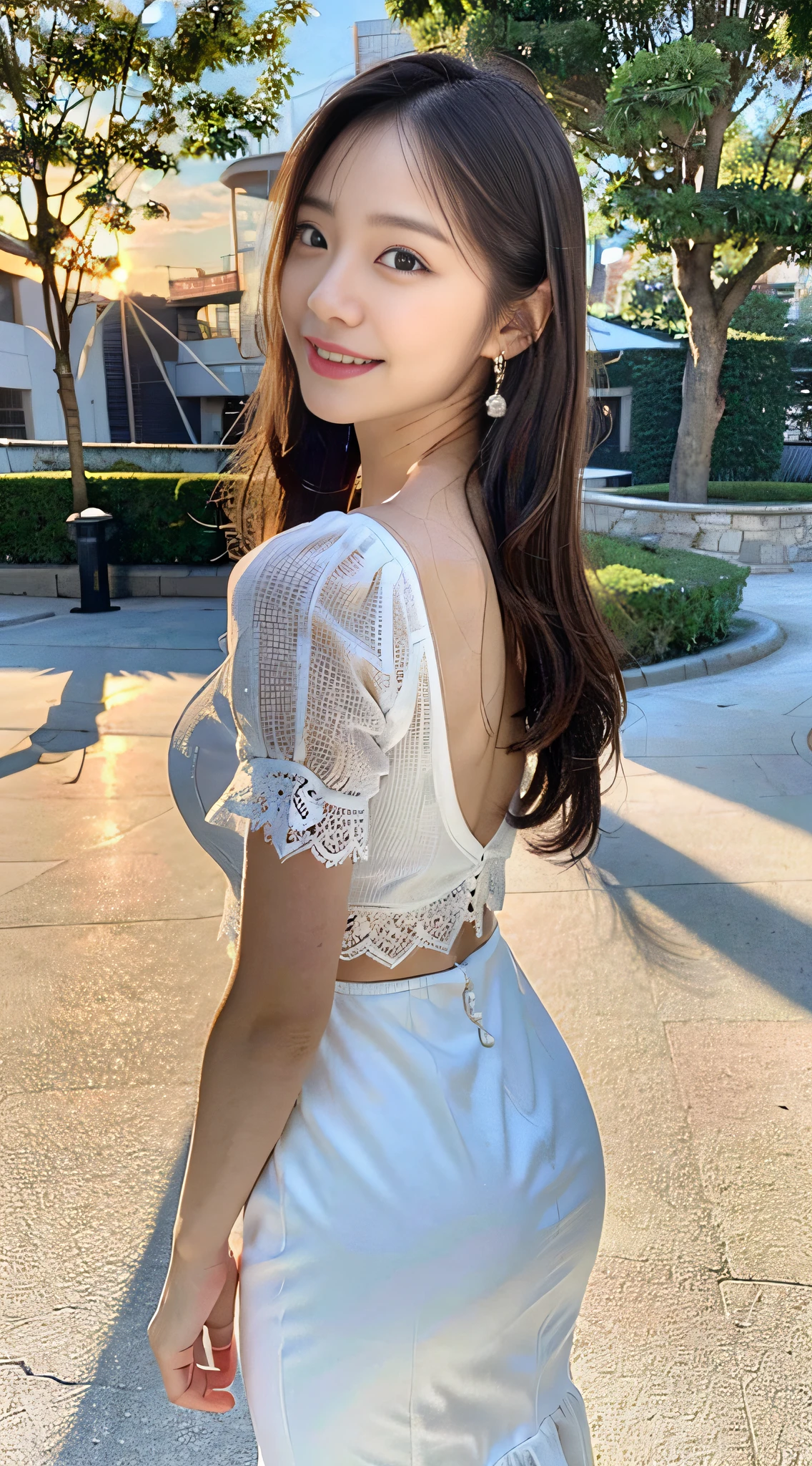 (8k, RAW photo, best quality, masterpiece: 1.2), (realistic, photorealistic real: 1.37), professional lighting, photon mapping, light energy transfer, low cut, big breasts, ((slightly fat)), korean girl, sunrise in background, back photo, lace, long skirt, small white shoes, highly detailed face and skin texture, detailed eyes, double eyelids, whitened skin, long hair, (shut up: 1.3), smile