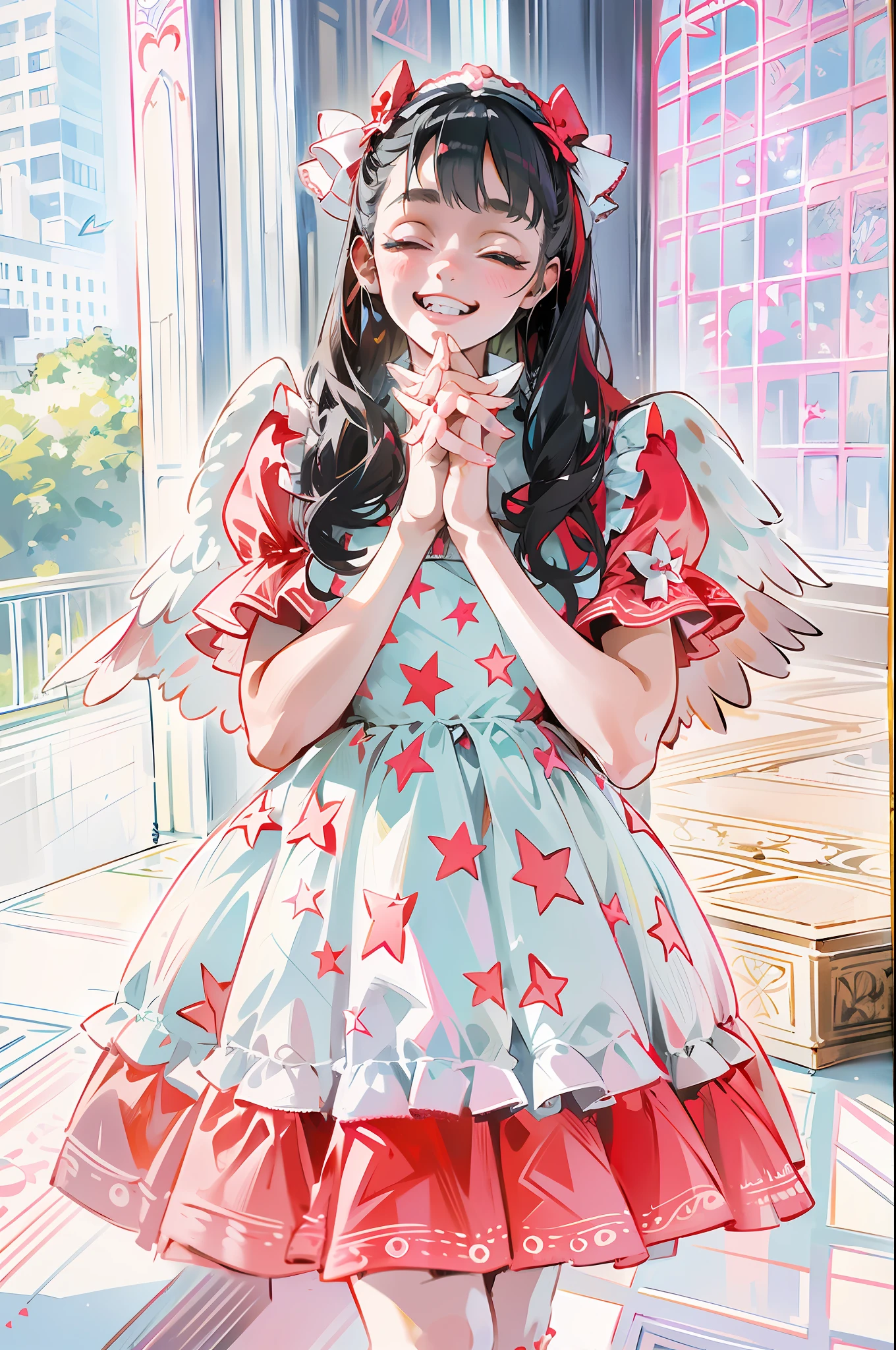 Pretty girl in red and white dress, angelic pretty, black hair, magical Lolita girl portrait, radical Lolita girl portrait, angel smile, angel wings on the back, hands together, showing a little teeth, squinting, smiling