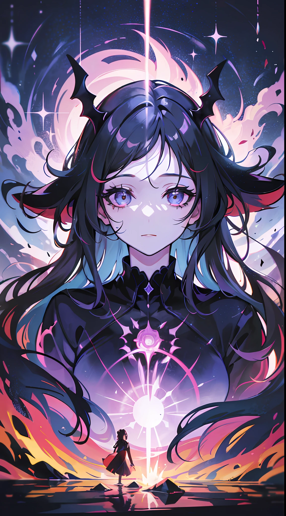 In the picture, a woman is trapped in the abyss of hell. She was surrounded by demonic and terrifying sights, flames burning and magma smoking. There was not a trace of panic or fear on the woman's face, replaced by a firmness and calmness. She was wearing a black robe, the corners of which fluttered as the flames burned. Her eyes were calm and deep, as if she had seen through the essence of life and death and suffering. The picture is full of surreal elements, the woman's body and the surrounding scene take on surreal forms and colors, making people involuntarily immerse themselves in this magical world. The whole picture is filled with a sense of oppression and horror, but also full of a sense of mystery and detachment, which makes people involuntarily attracted and amazed. Such a picture makes people cherish life and freedom more, and also makes people full of curiosity and desire to explore the unknown world. (8K, masterpiece, super detailed)