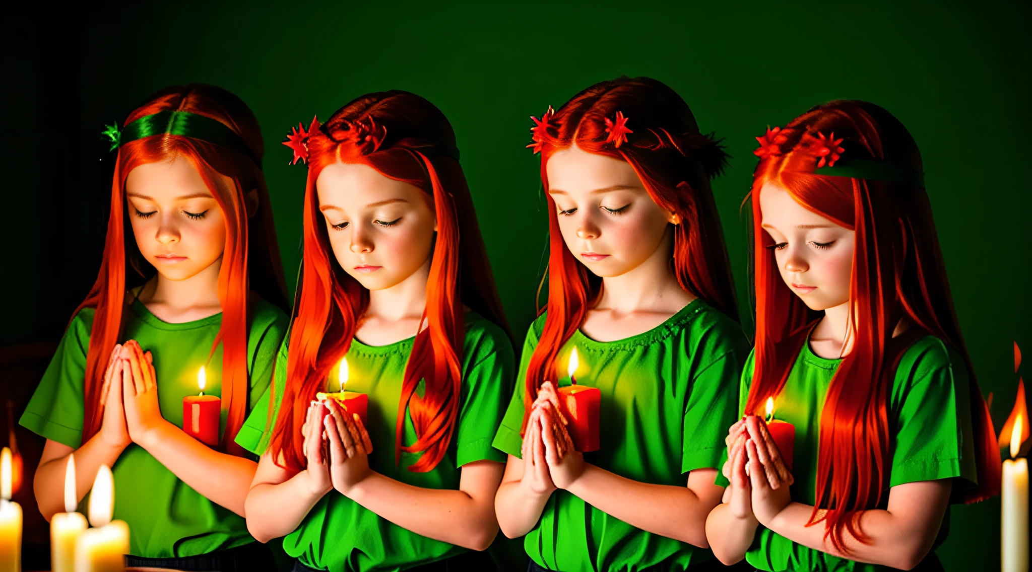 girl REDHEADS WITH STRAIGHT HAIR ON HEAD TIES GREEN COLOR, PRAYING, RED BACKGROUND, CANDLES WITH FIRE.