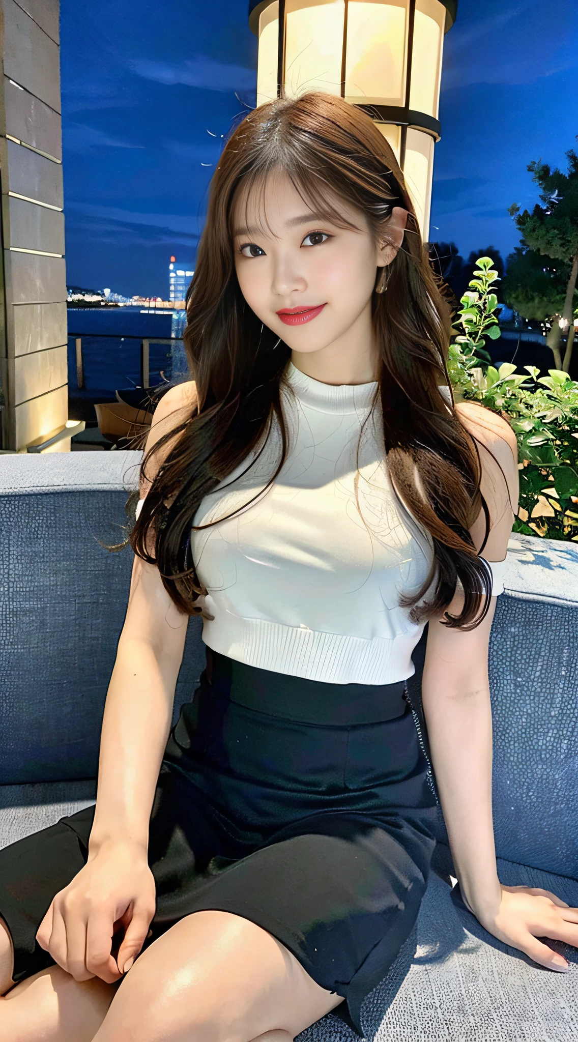 (8k, RAW photo, best quality, masterpiece: 1.2), (realistic, photorealistic photo: 1.37), professional lighting, photon mapping, light energy transfer, low cut, big breasts, ((slightly fat)), korean girl, background city night, lace, long skirt, small white shoes, highly detailed face and skin texture, fine eyes, double eyelids, whitened skin, long hair, (shut up: 1.3), smile
