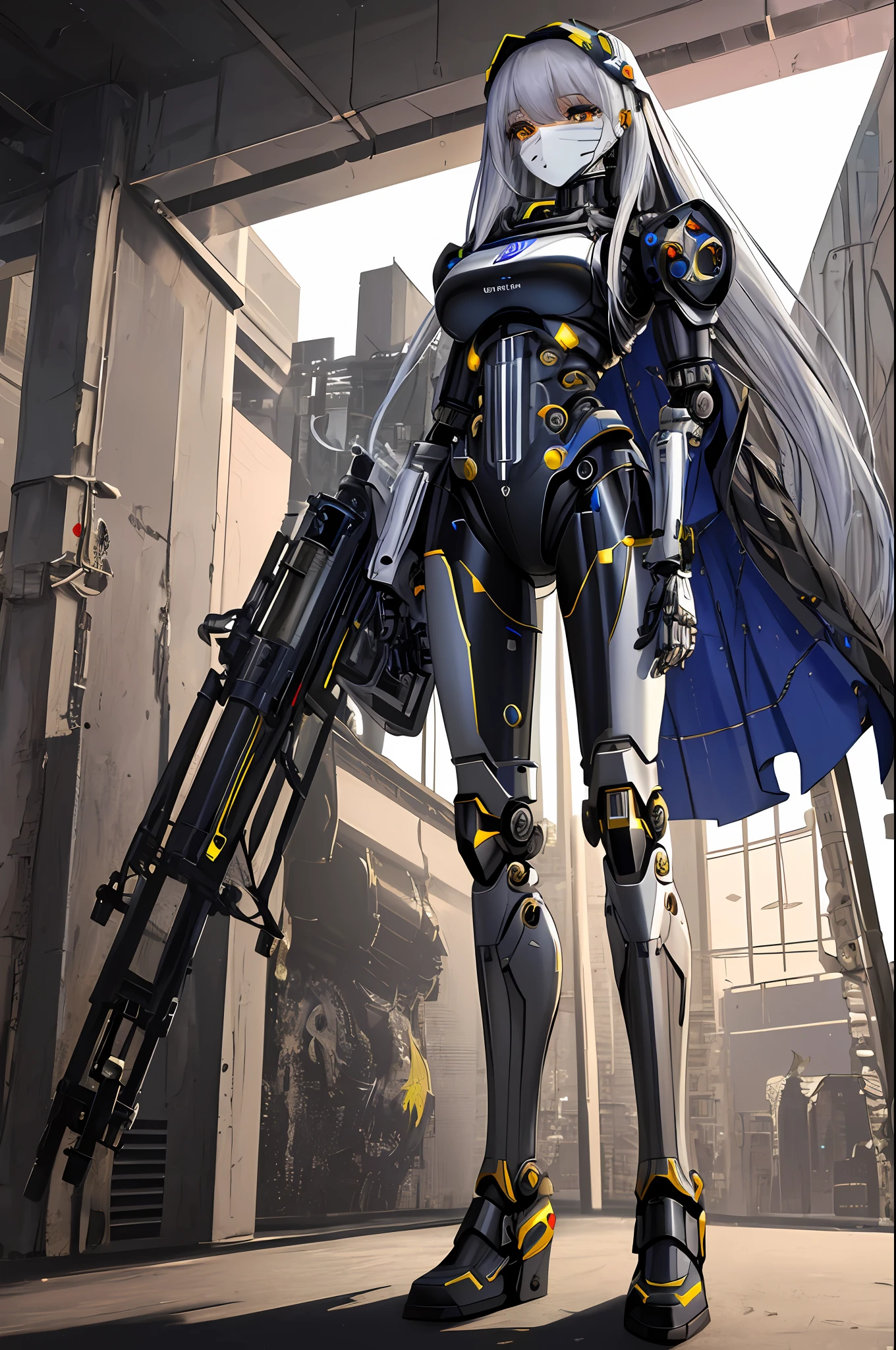 Top quality, masterpieces, masterpieces, highly detailed 8k wallpapers, female robots, robot masks, machine joint limbs, the whole body is covered with heavy mechanical armor, connected cables, tubes connecting the body, white long hair, have a huge gun, huge thrusters worn on the back and waist, open stance, full-length figure, devastated urban combat,
