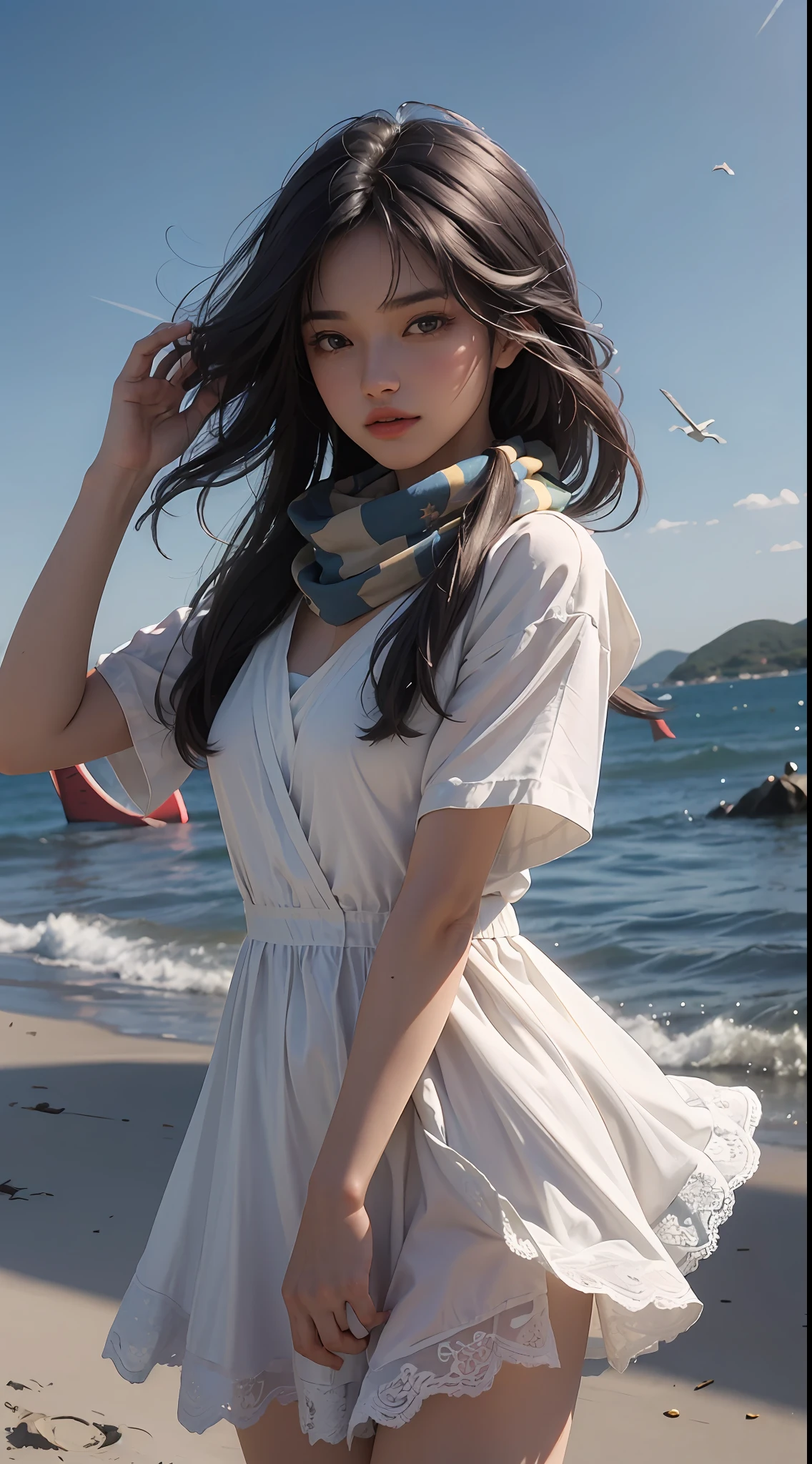 (RAW photo, 4k, masterpiece, high resolution, extremely complex) (realistic: 1.4), cinematic lighting
1 Girl, Solo Focus, Summer Noon, Hot, 1990s\Prompt: artistic, illustration, ((masterpiece)), ((best quality)), (((1 besutiful detailed girl))), see through clothes, sky background, rough lines,  cute, flying, golden eyes, dress, hair between eyes, scarf, sidelocks, star (symbol), star hair ornament