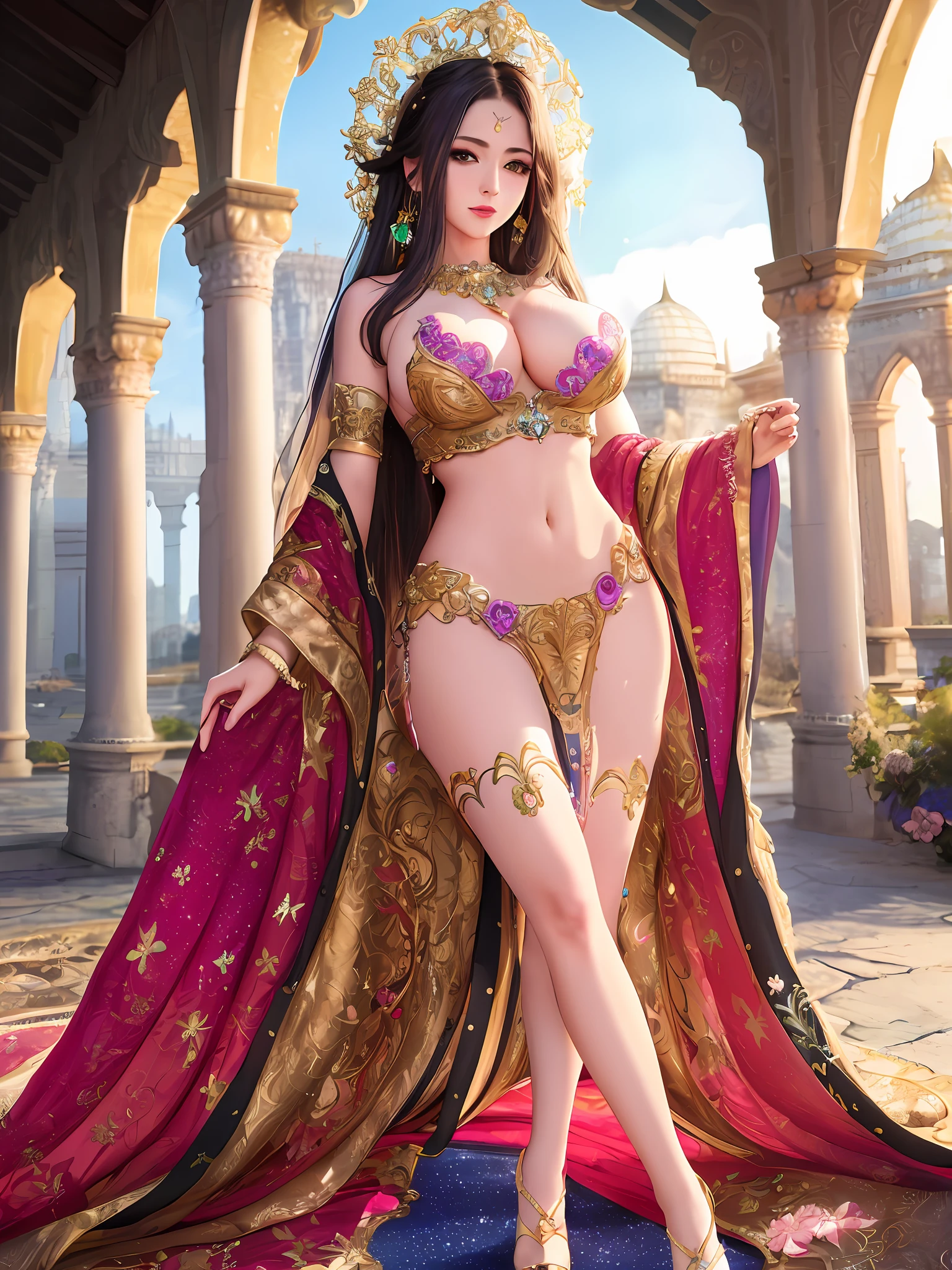 masterpiece, super detail, intricate detail, beautiful detail, colorful, high resolution, best quality, detailed background, complex background, 1girl, solo, long hair, breasts, looking at the audience, big tits, (shiny skin:1.3), (unkempt hair:1.2), full body, covering, lips, makeup, (pasties:1.2), tight panties, feet outside the frame, outdoors, evening,