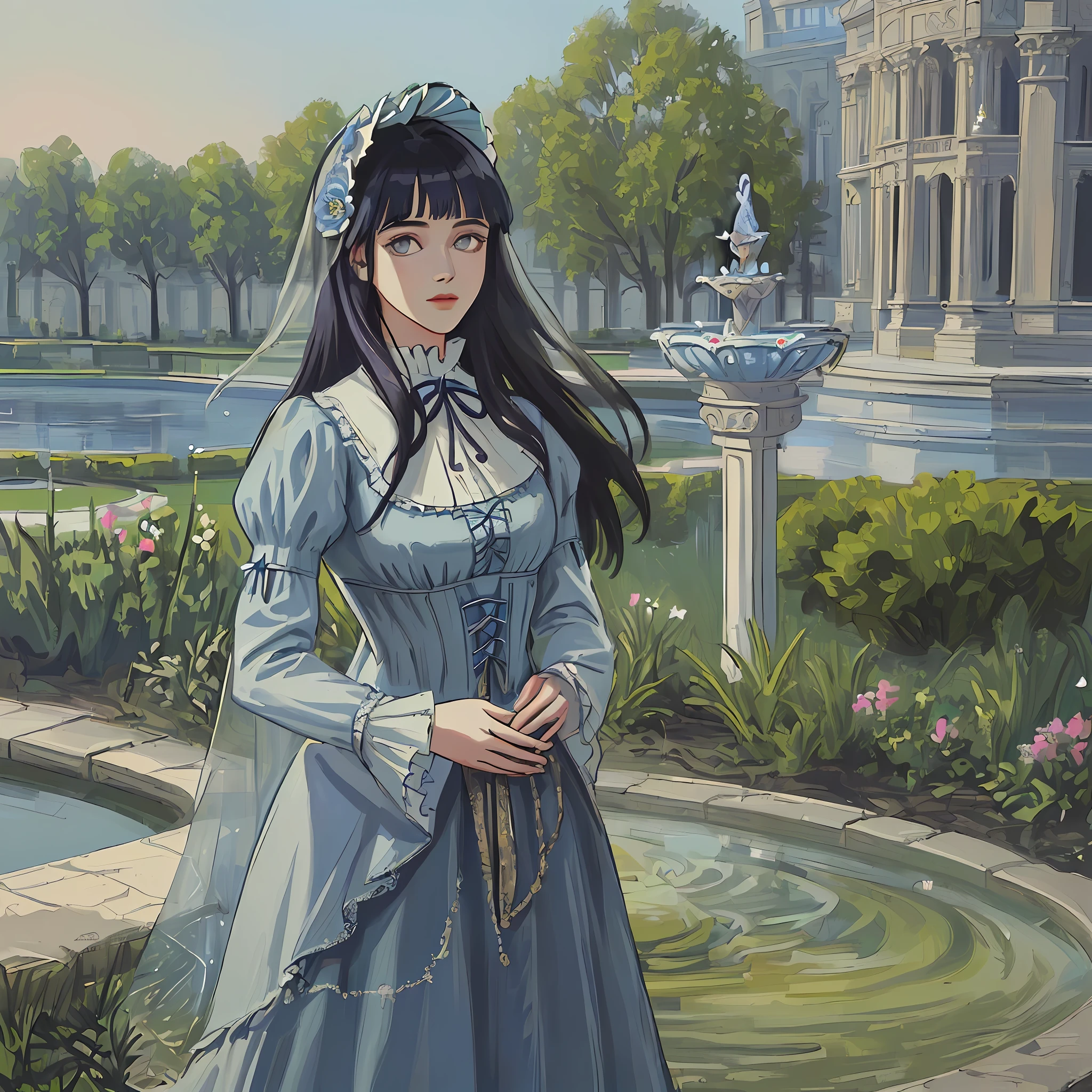 ((((masterpiece)))), (best quality), ((Hyper detailed)), ((High
detail)), ((Exquisite detail)), (1 girl), (solo), (cowboy shot), (looking
at viewer),((outside)), (((antique))), ((palace)), ((garden)), ((fountain)),
(flower), ((mature female)),((victorian dress)), ((medium breasts)),
((bonnet)), (long hair), hinata/(boruto/), dark blue hair, detailed lips, wavy hair