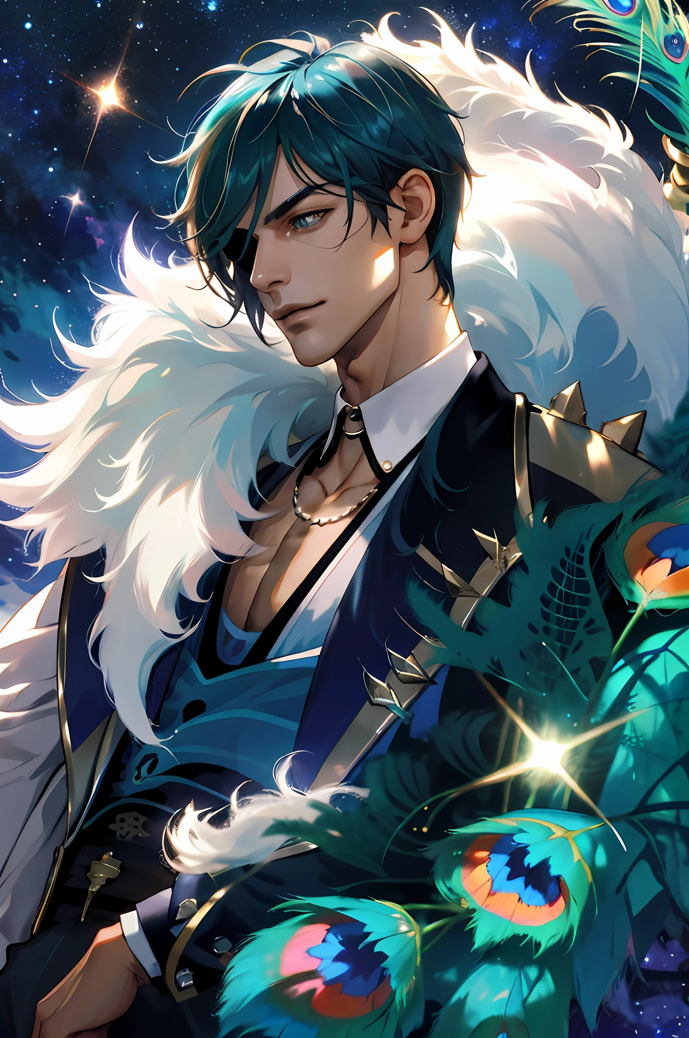 extremely delicate and beautiful, Amazing, finely detail, masterpiece, ultra-detailed, highres,best illustration, best shadow,intricate,sharp focus, high quality, 1 male solo, mature, handsome, tall muscular guy, broad shoulders, tan skin, dark skin, blue hair. eyepatch, kaeya genshin impact, holding his pet peacock, peacock feathers on background, peacock feather in front of him, backlight, night sky and stars