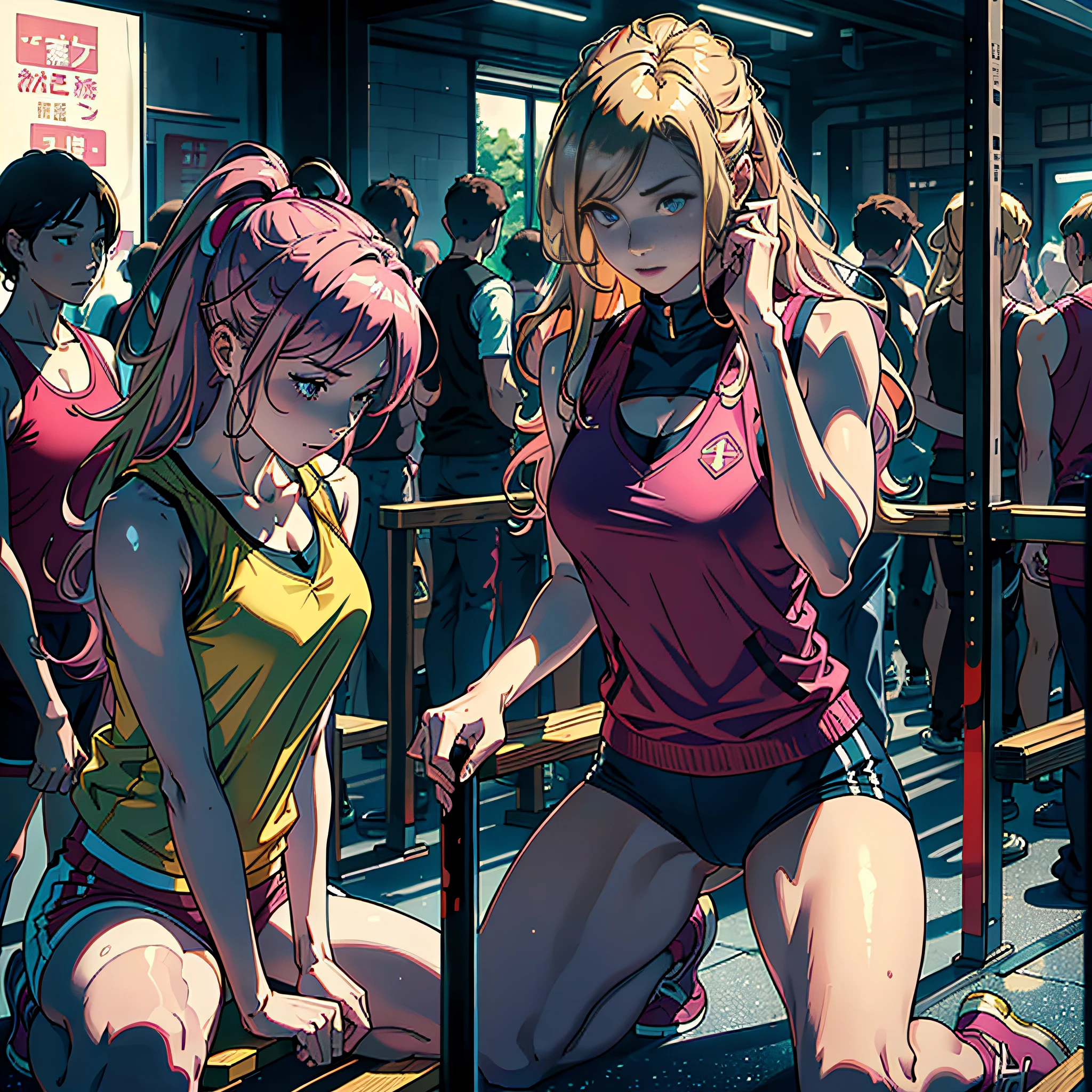 Masterpiece, Best Quality, 8K, Photographic Reality, Long Shot, Realistic, Octane Rendering, Lively Crowd Onlookers: 1.2, (Woman Kneeling in Chair: 1.4) (Only One Woman Shown in the Picture: 1.33), (Woman with Long Golden Hair), (Woman Pink Sports Vest, y Tong), Japanese Gym Sports