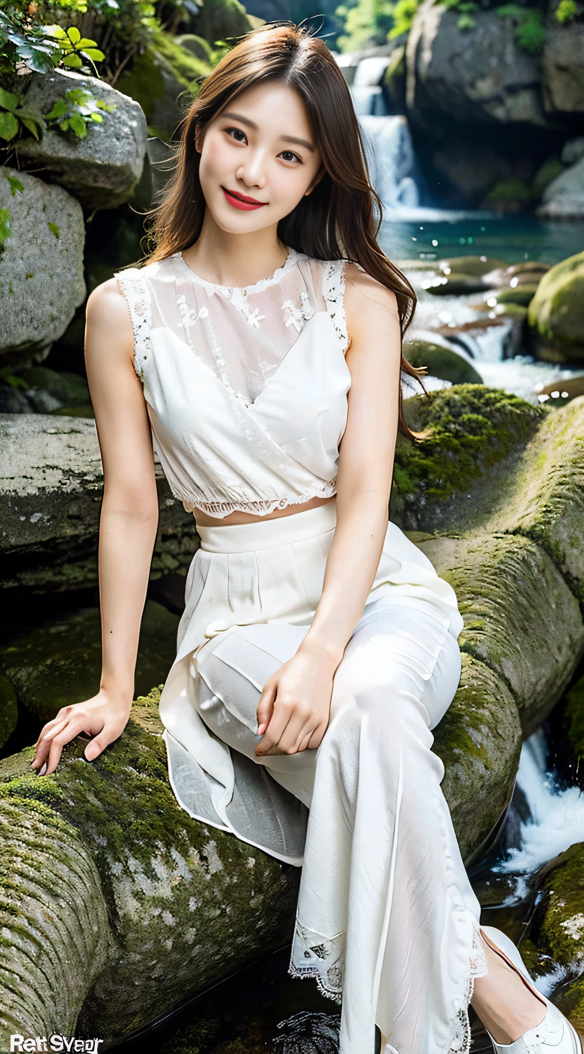 (8k, RAW photo, best quality, masterpiece: 1.2), (realistic, photorealistic photo: 1.37), professional lighting, photon mapping, light energy transfer, low cut, big breasts, ((slightly fat)), korean girl, background alpine flowing waterfall, lace, long skirt, small white shoes, highly detailed face and skin texture, delicate eyes, double eyelids, whitened skin, long hair, (shut up: 1.3), smile