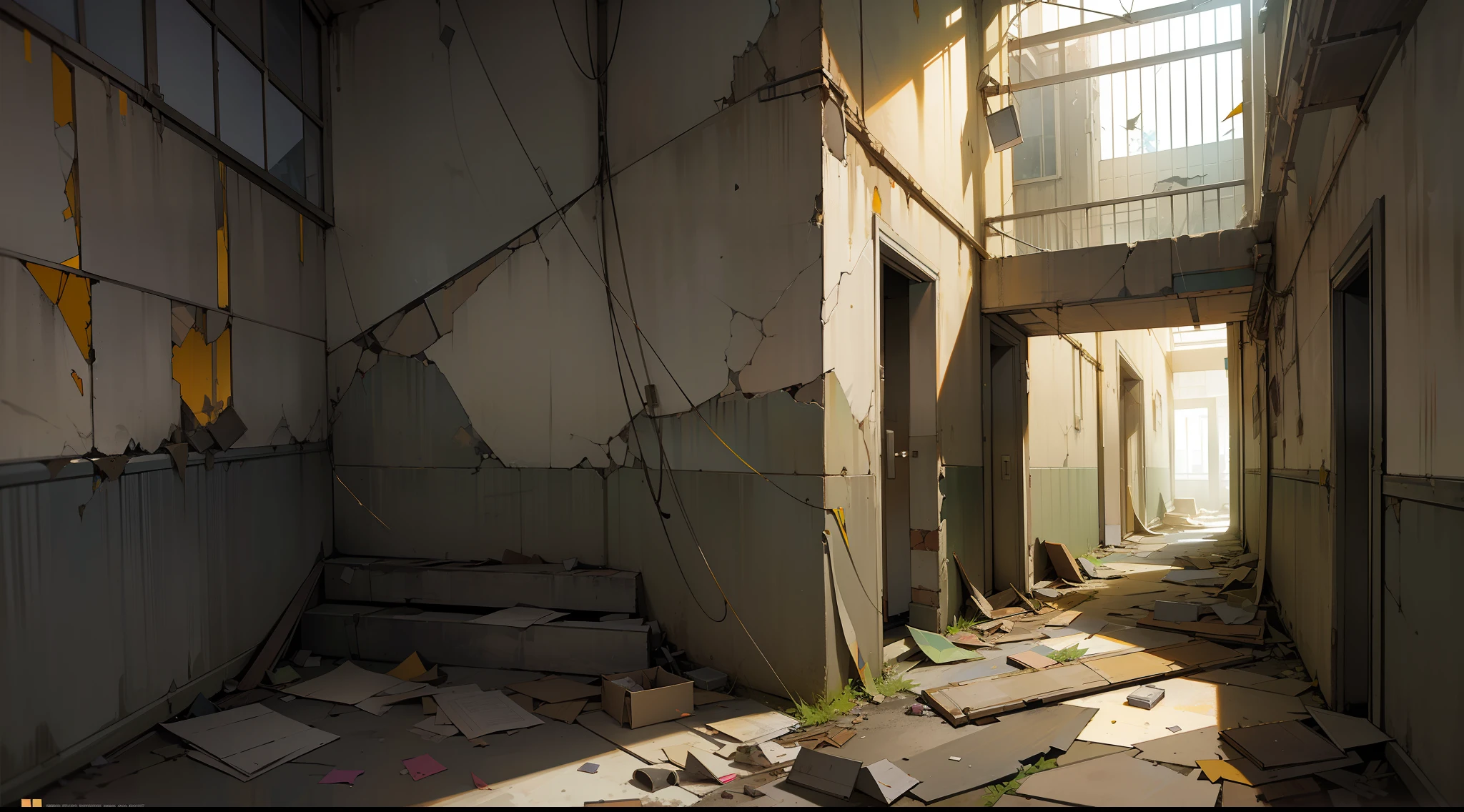 masterpiece,best quality, (corridor of an abandoned room),(suspense environment), cement stairs, worn walls, cracks, cables, abandoned boxes, garbage and papers on the floor, pipes, bulbs (volumetric yellow light), window with broken glass, dark night