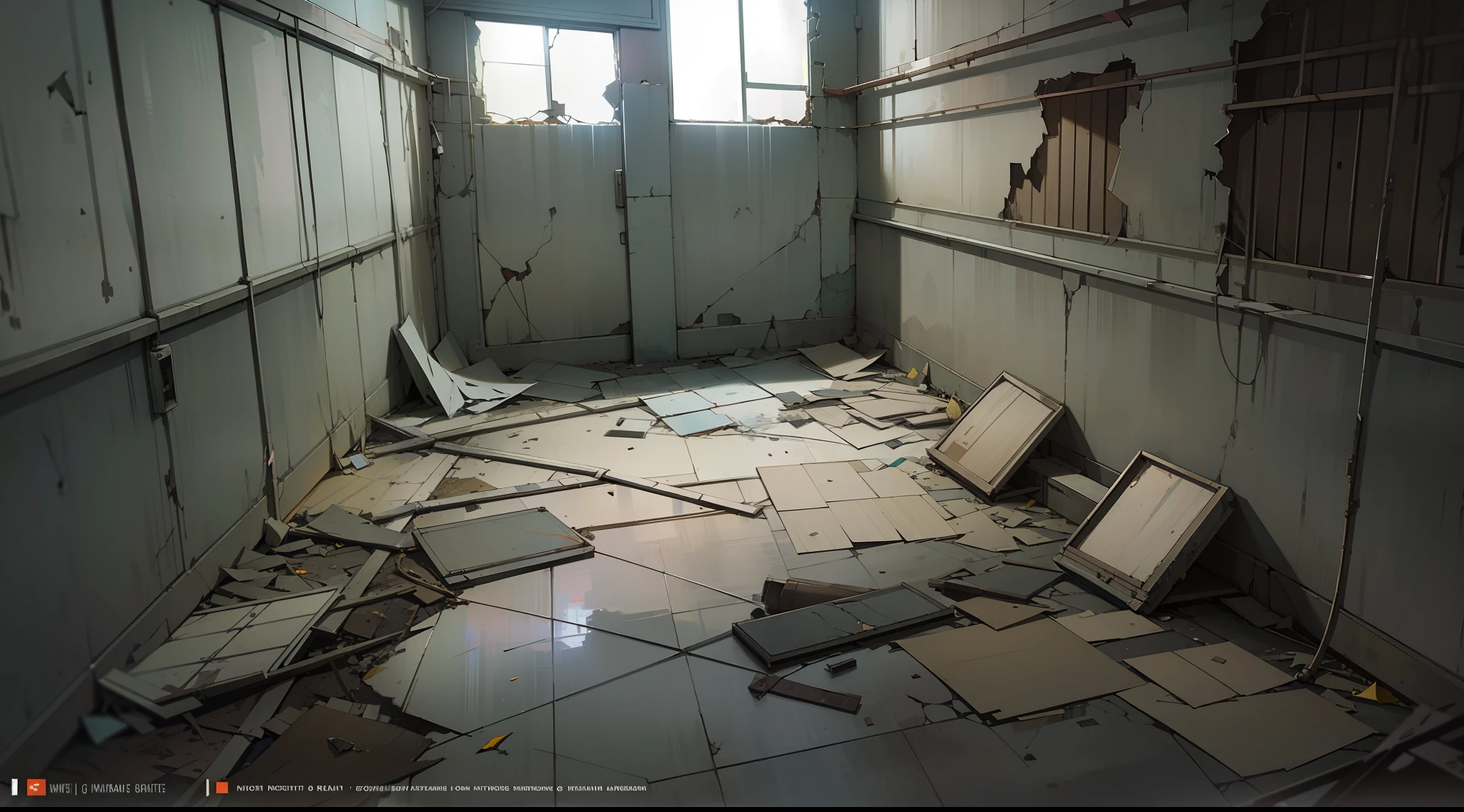 masterpiece,best quality, (corridor of an abandoned room),(suspense environment), cement stairs, worn walls, cracks, cables, abandoned boxes, garbage and papers on the floor, pipes, bulbs (volumetric yellow light), window with broken glass, dark night
